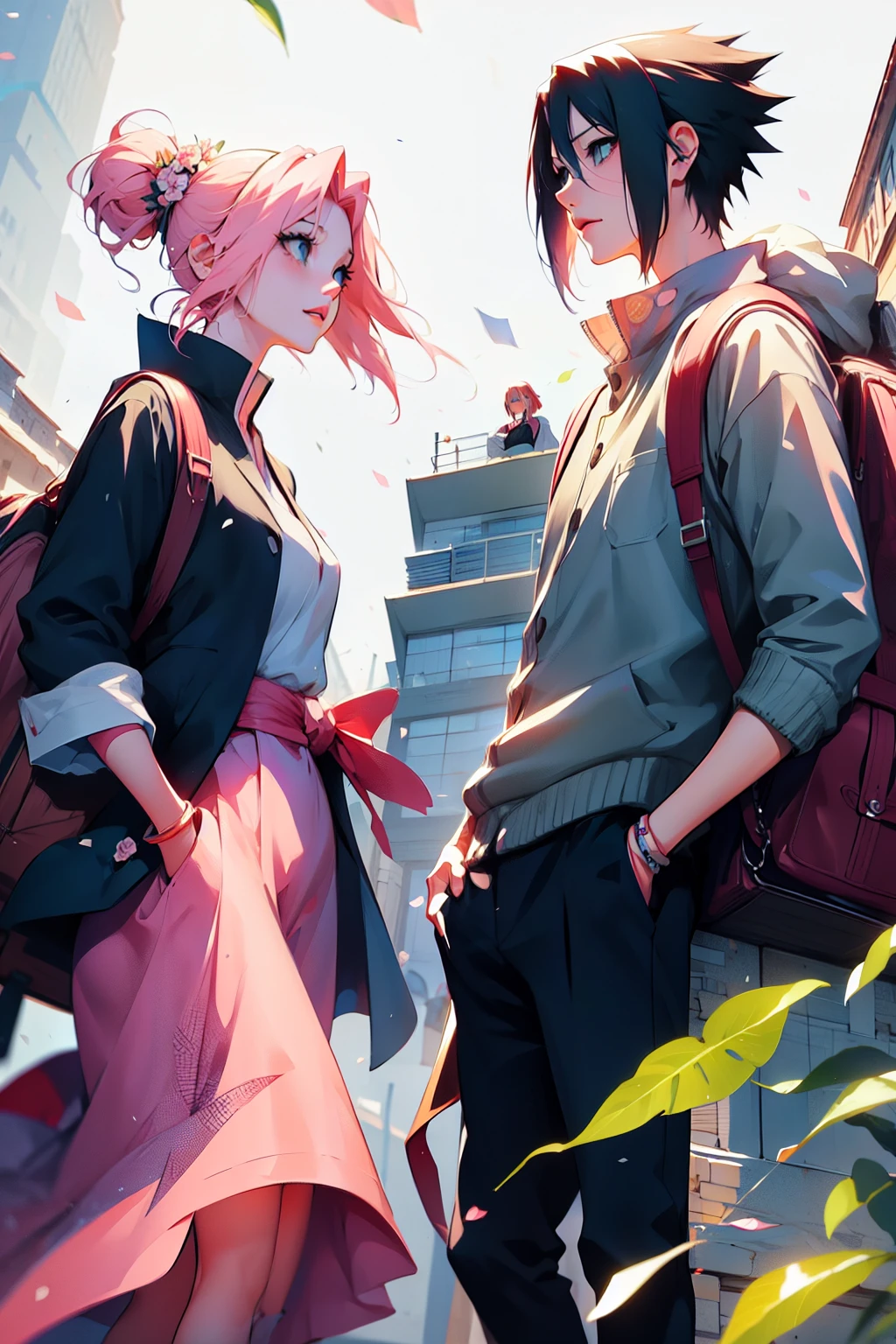 sasusaku. Sasuke Uchiha, a tall man with black hair and wearing his, is a student and has his hands in his pockets. Sakura, a thin woman with pink hair, has her hands in her pockets. best quality, adorable, ultra-detailed, illustration, complex, detailed, extremely detailed, detailed face, soft light, soft focus, perfect face. In love, illustration. two people, couple, church, bride and groom.