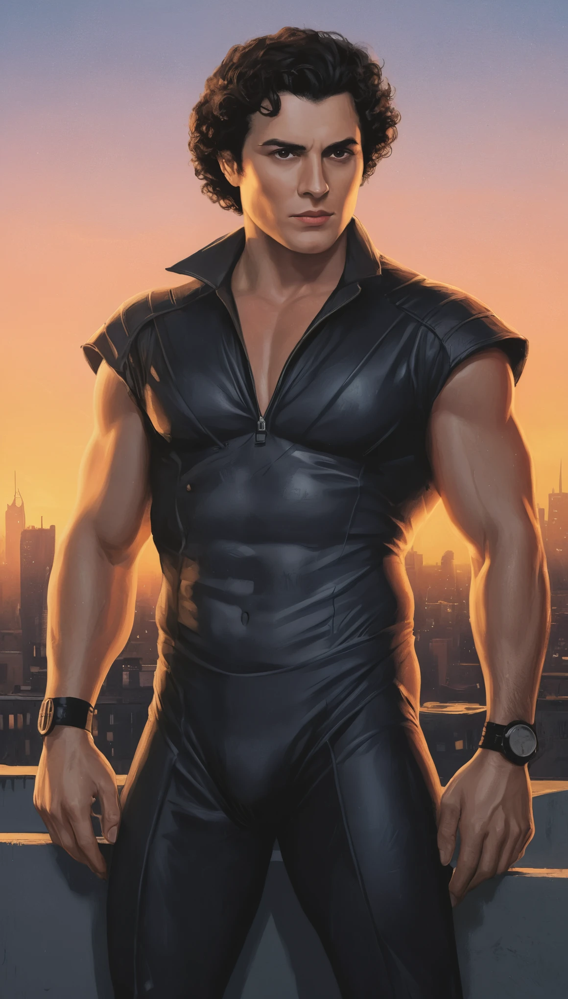 An illustrated movie poster, hand-drawn, full color, a supervillain, 28 years-old, wearing a spy operative costume, stocky, soft doughy physique, deep brown eyes, wide bulbous nose, full lips, black hair, curly hair, thick bushy eyebrows, extremely hairy chest, stomach, and arms, lots of body hair, posing on a neon-lit rooftop, hard shadows, graphite shading, stencil markings, airbrushed acrylic paint, masterpiece