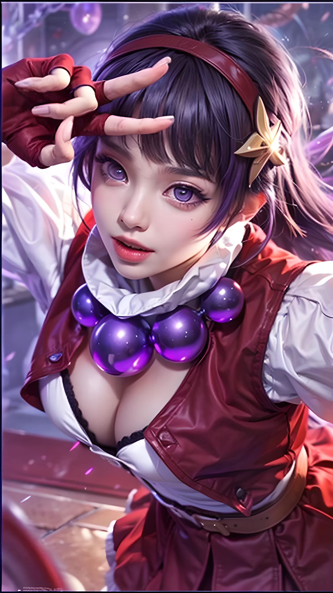 Best quality, masterpiece, ultra high res, (photorealistic:1.4), 1girl, , (purple eyes:1.5), (purple hair:1.2), professional lightning, sharp focus, deep shadow, 8k. 