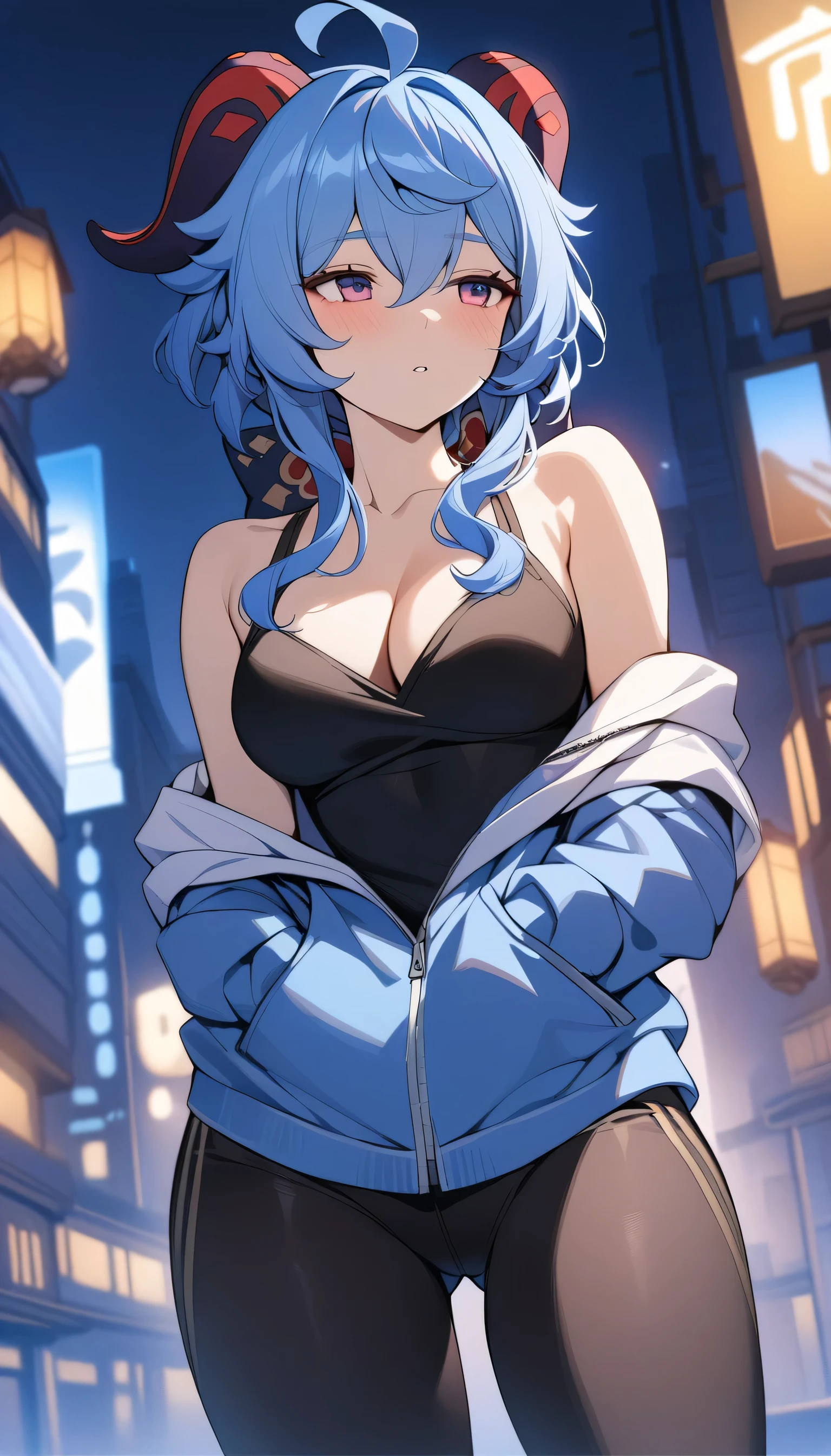 (masterpiece), best quality, expressive eyes, perfect face, low angle, close-up legs,
(Ganyu 'Genshin Impact'), solo, medium breasts, blue hair, looking away,
(drinking milk shake), in a hoodie, deep cleavage, collarbone, leggings,
standing, leaning back, half-closed eyes, night city background,
