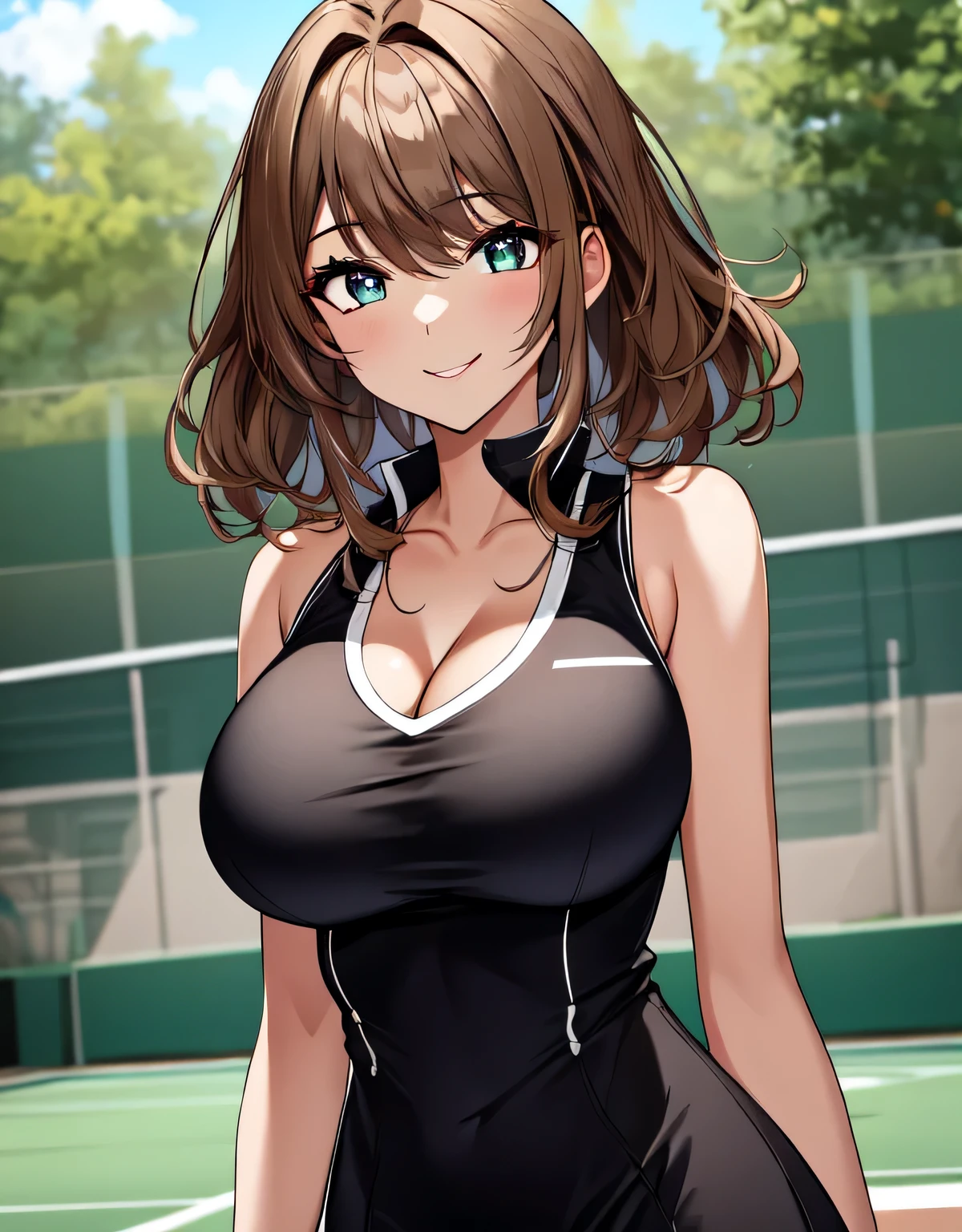 tennis dress,(shiny black tennis dress),(large breasts:1.5),(shiny hair),((solo)),((masterpiece)),((best quality)),perfect anatomy,slim waist,perfect image,8k UHD,(beautiful detailed eyes:1.3),extremely detailed face,standing,(upper body:1.2),(look at the front:1.5),arms behindback,ultra-detailed,absurdres,highres,outdoors,tennis court,smile,light brown hair,bangs,medium hair,beautiful skin,(shiny skin),