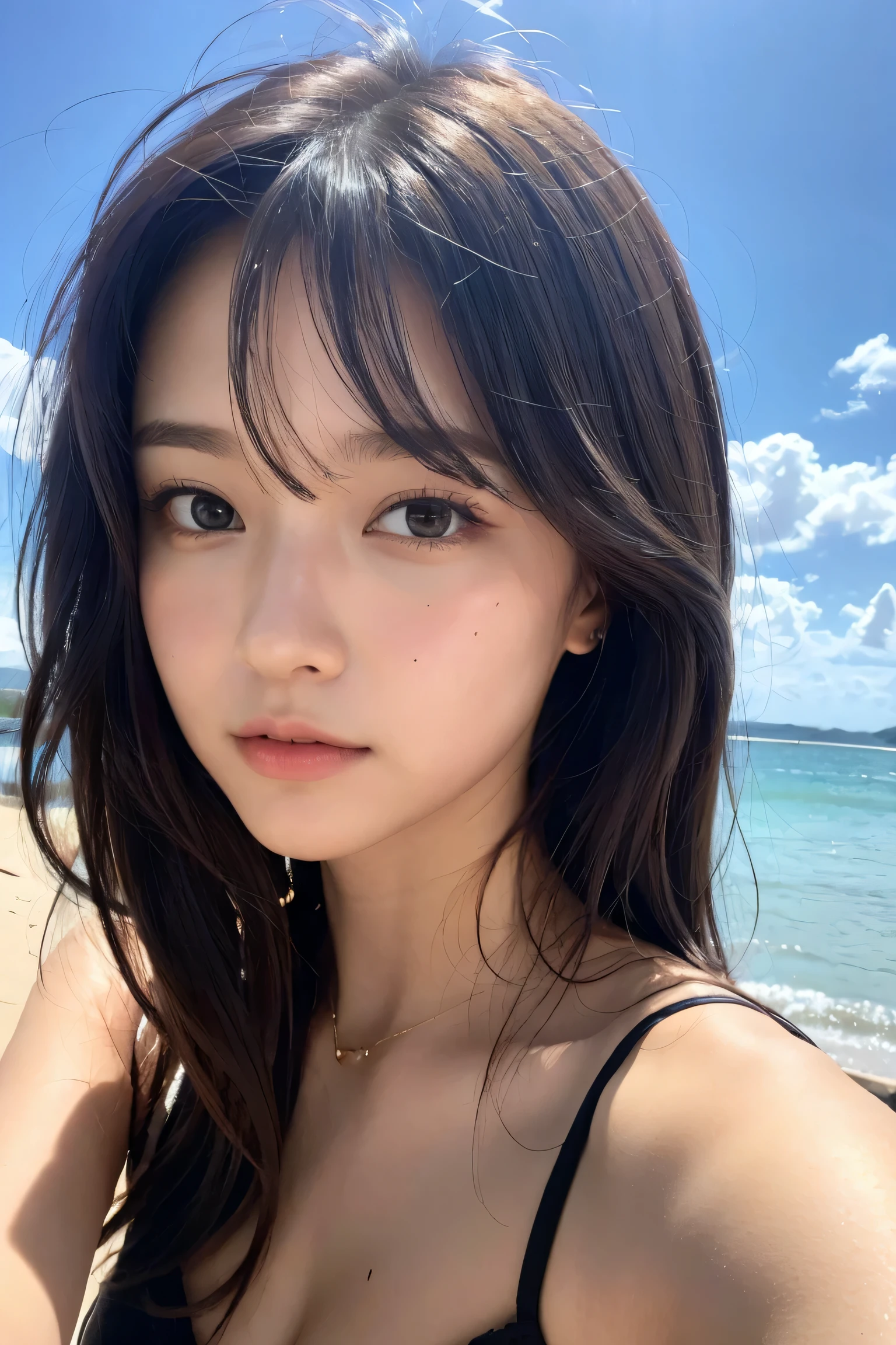 masterpiece, (highest quality:1.2), [:intricate details:0.2], 1 girl, big breasts, sparkling aura,  crackling energy, sparkling moat,wavy hair,look at the viewer,swimsuit，Portrait,Tropical Sun,Take a selfie with your phone