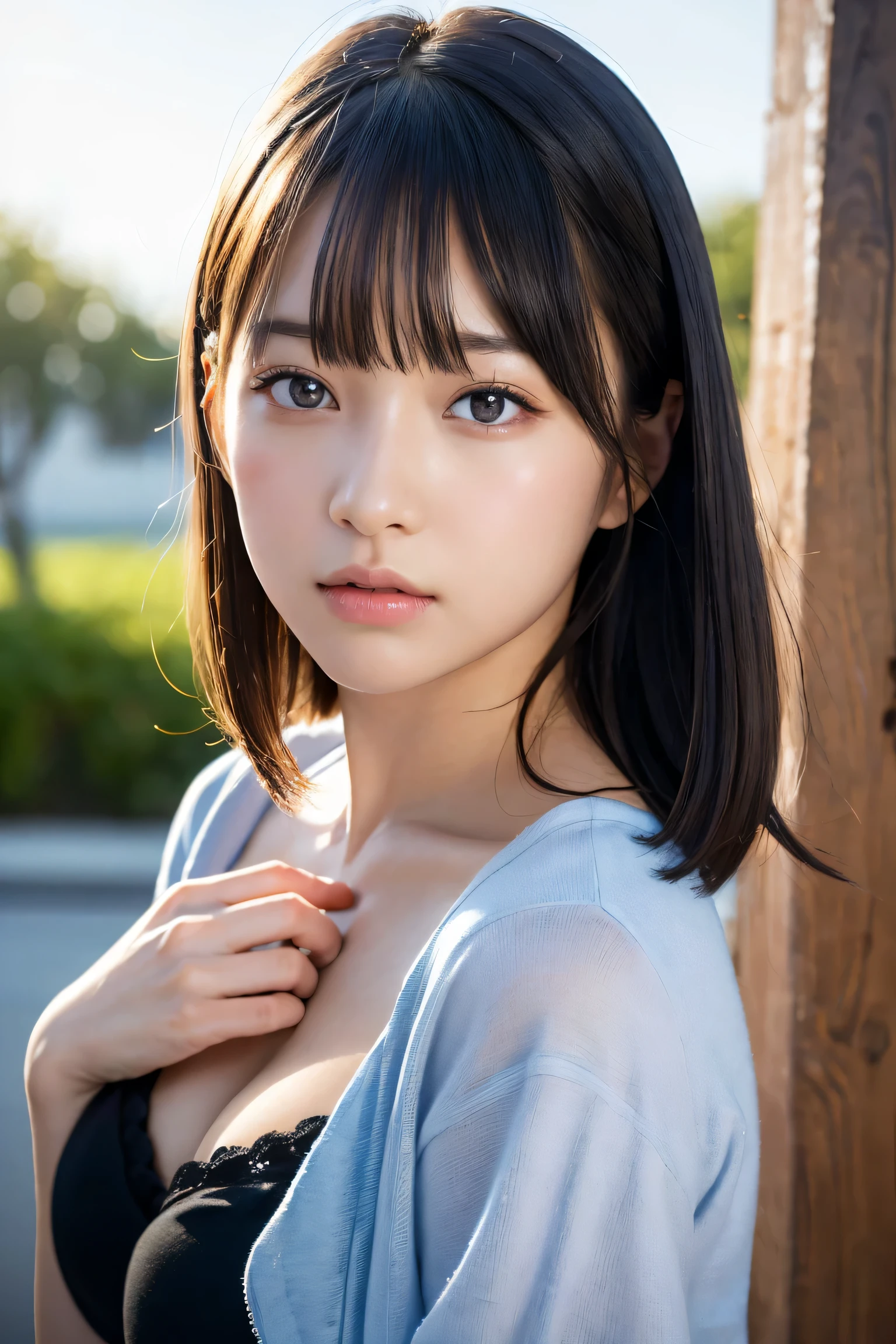 blown by the long wind [Blue-black:.3] hair,looking at the viewer, (masterpiece:1.3), (8K, realistic, Raw photo, highest quality: 1.4), Japanese, (1 girl), beautiful face, (realistic face),{wavy medium hair|Front hair long bob|short hair with long bangs}{black hair|brown hair|blonde hair}, beautiful hairstyle, realistic eyes, detailed and beautiful eyes, (realistic skin), beautiful skin, Charm, ultra high resolution, surreal, very detailed, golden ratio,、sunburn、Nogizaka Idol、korean idol、Gravure idol pose、