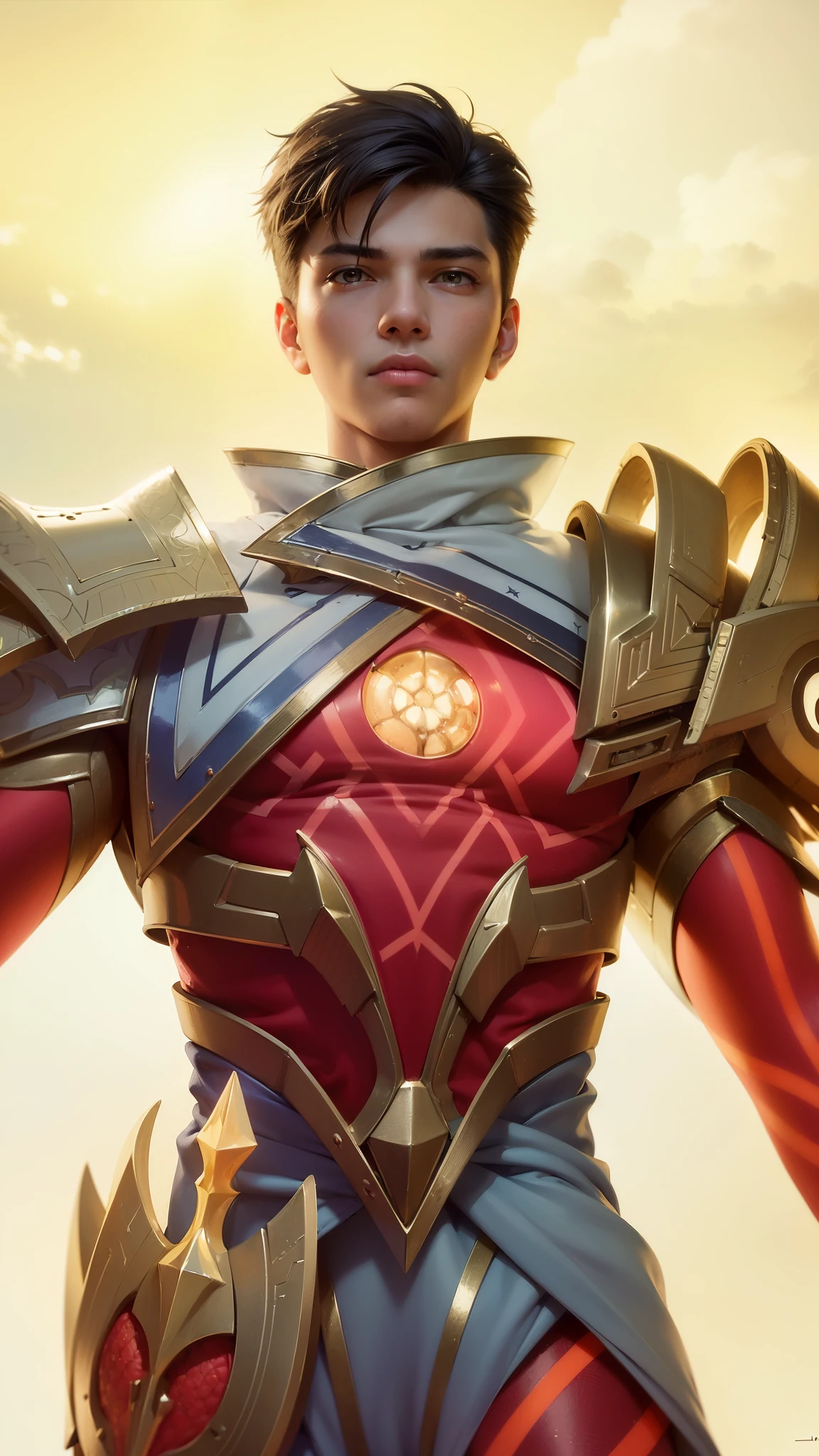 a close up of a person in a suit with a sword, artgerm detailed, clothed in ethereal armor, dressed in light armor, extremely detailed artgerm, clothed in ethereal battle armor, artgerm and ben lo, by Lisa Nankivil, guildwar artwork, light coming off of the armor, arvalis, sleek glowing armor, masterpiece, ((perfect eyes)) best quality, (semirealism:1.9), beautiful lighting, (extremely detailed CG unity 4k fhd wallpaper), High Detail, Sharp focus, dramatic outdoors, 1 boy ,19 years old, black short hair, yellow eyes, fair skin.