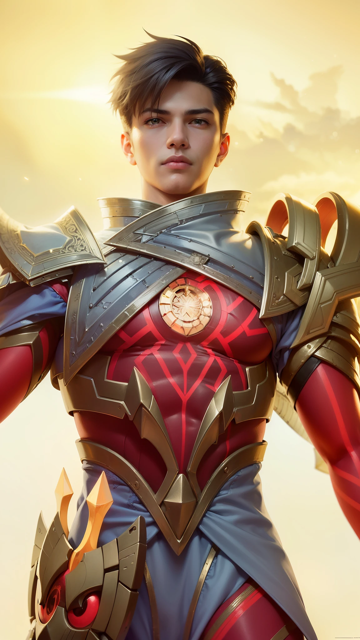 a close up of a person in a suit with a sword, artgerm detailed, clothed in ethereal armor, dressed in light armor, extremely detailed artgerm, clothed in ethereal battle armor, artgerm and ben lo, by Lisa Nankivil, guildwar artwork, light coming off of the armor, arvalis, sleek glowing armor, masterpiece, ((perfect eyes)) best quality, (semirealism:1.9), beautiful lighting, (extremely detailed CG unity 4k fhd wallpaper), High Detail, Sharp focus, dramatic outdoors, 1 boy ,19 years old, black short hair, yellow eyes, fair skin.