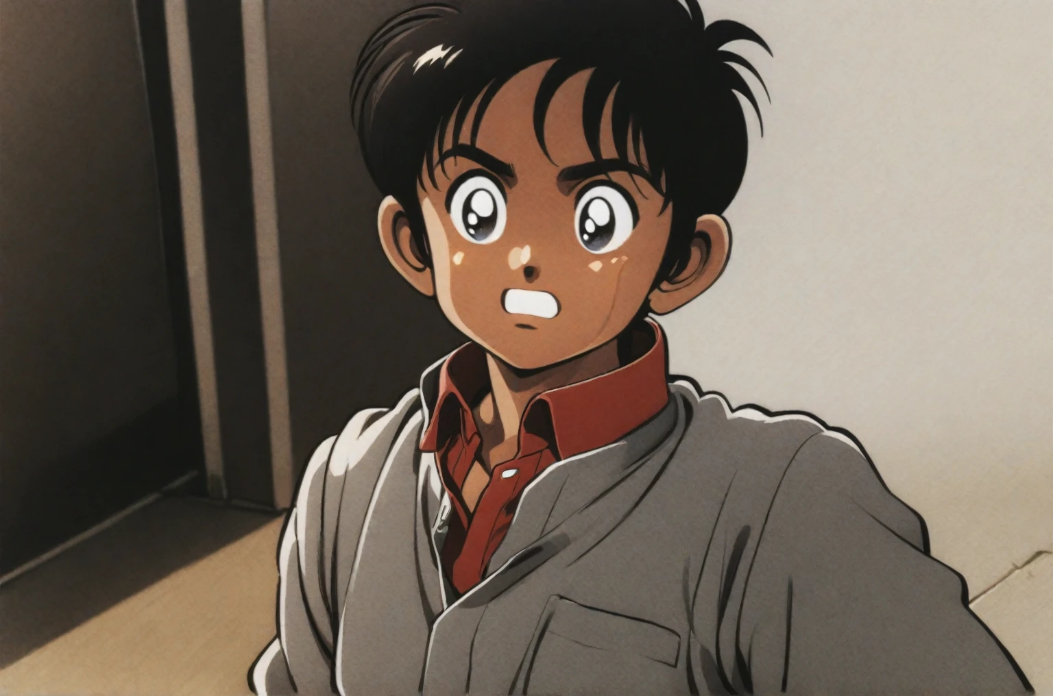 cute brown skin indian boy, Mitsuru Adachi style