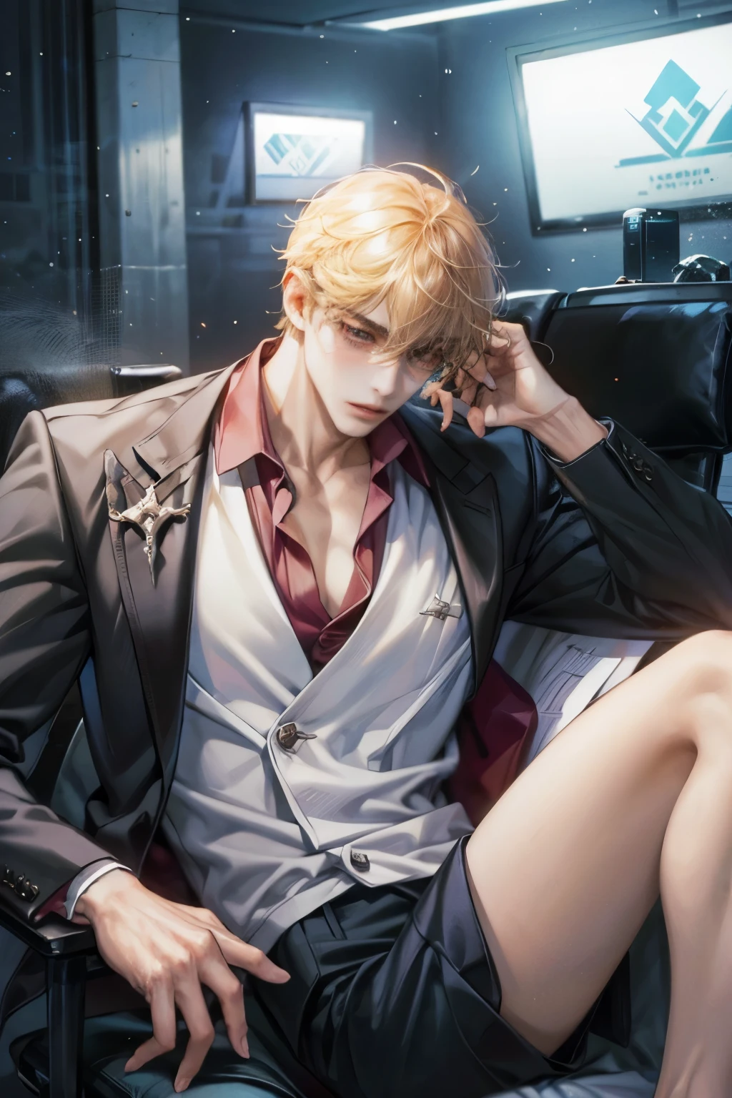 Tartaglia working from his office, ceo, muscle, hot, snowy weather, wearing a formal suit, cool weather