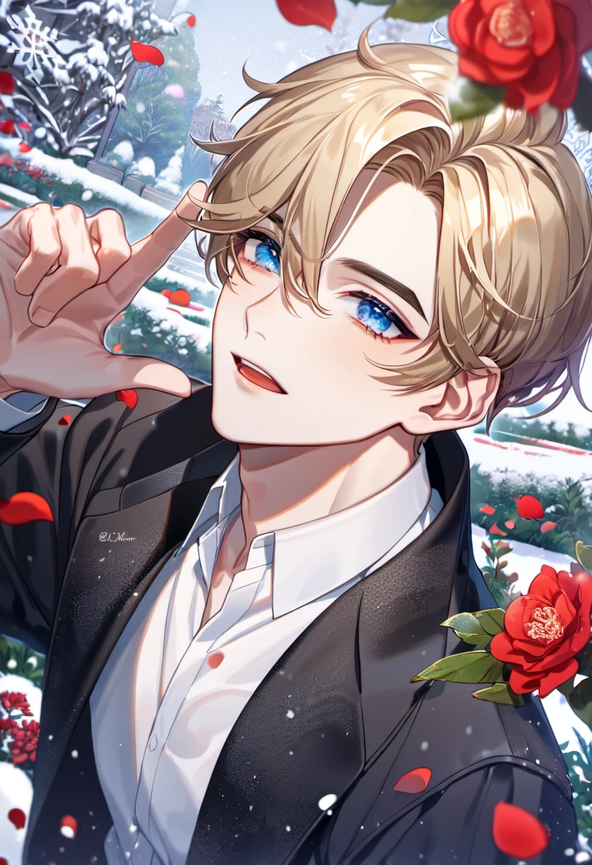 absurdres, highres, ultra detailed, HDR, master piece, best quality, Lim Haegyung, ash-blond messy short hair, expressive blue eyes, Love Jinx, 1man, handsome, black coat, white shirt, petals, garden, snow, snowflakes, snowing