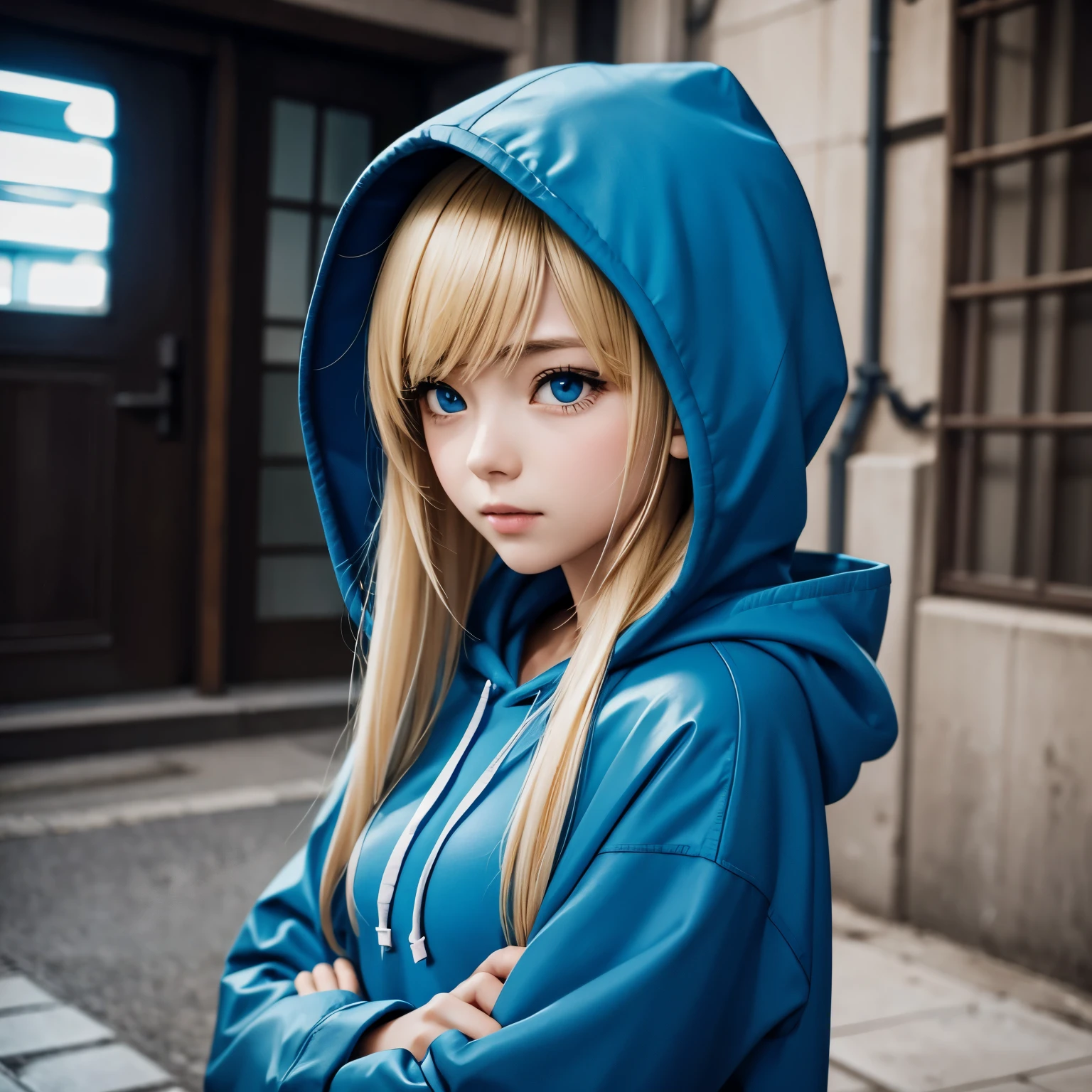 anime blonde girl with blue hood