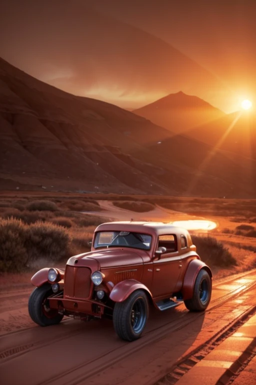 Hot rod race (3Hotrod, orange, blue, pink) on an alien planet in the twilight of a rising sun, dynamic drifting,, dusty, mountains, rivers, stones, on the horizon a ring planet rises, view towards the rising sun, lens flare, against light,
