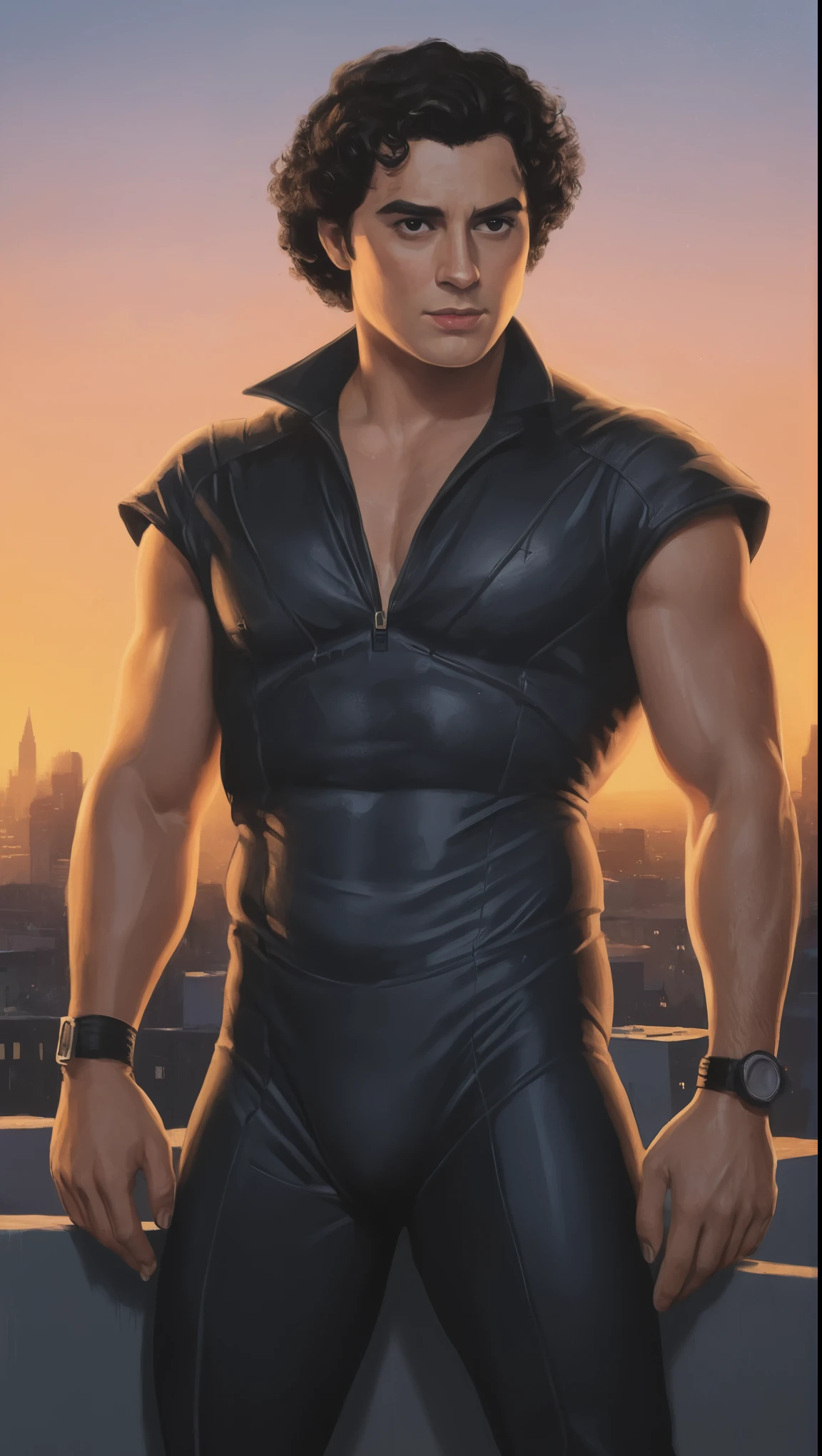 An illustrated movie poster, hand-drawn, full color, a supervillain, 28 years-old, wearing a spy operative costume, stocky, soft doughy physique, deep brown eyes, wide bulbous nose, full lips, black hair, curly hair, thick bushy eyebrows, extremely hairy chest, stomach, and arms, lots of body hair, posing on a neon-lit rooftop, hard shadows, graphite shading, stencil markings, airbrushed acrylic paint, masterpiece