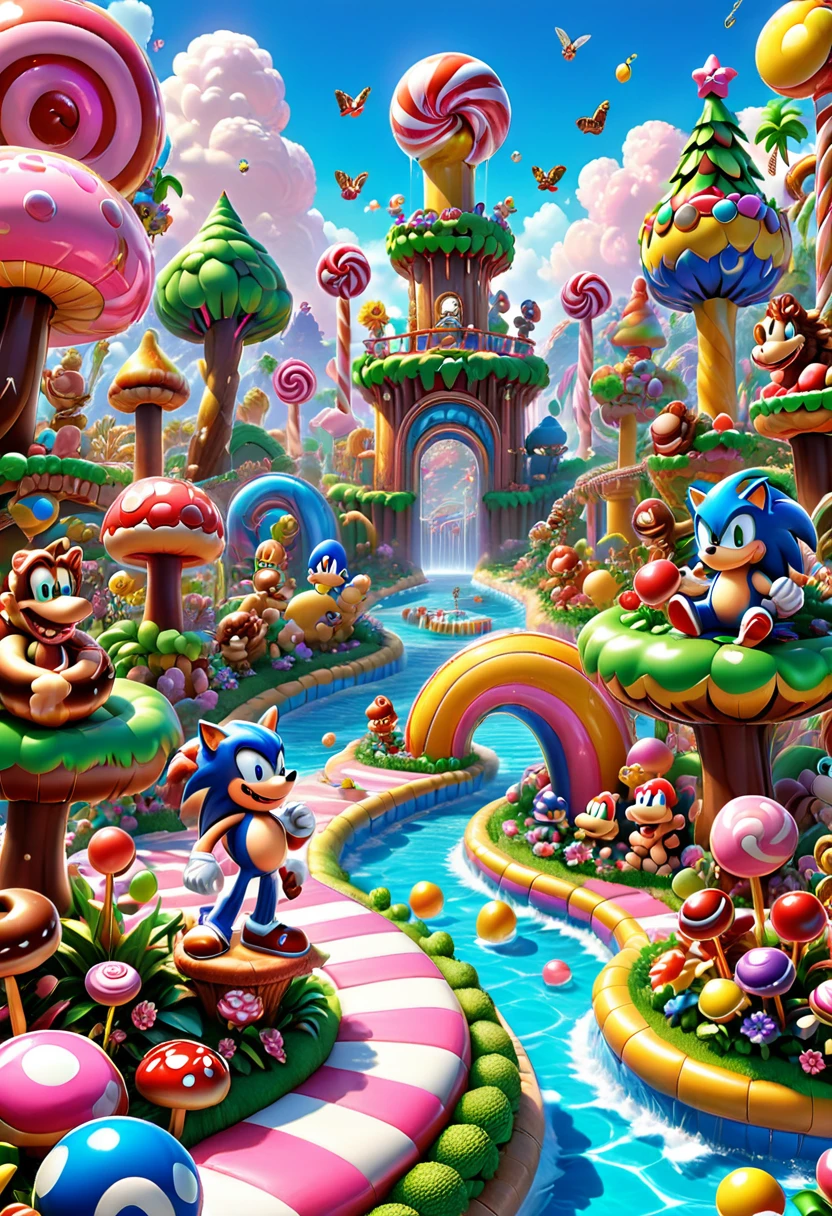 Candyland, Mario, Donkey Kong country, Sonic, by Lisa_Frank, (masterpiece, best quality, Professional, perfect composition, very aesthetic, absurdres, ultra-detailed, intricate details:1.3)