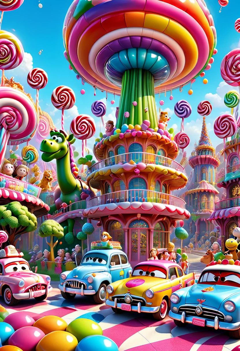 Candyland, movie cars, Toy Story, by Lisa_Frank, (masterpiece, best quality, Professional, perfect composition, very aesthetic, absurdres, ultra-detailed, intricate details:1.3)