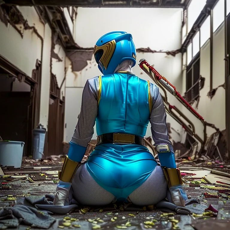 (table top:1.2, highly detailed portrait:1.2, highest quality:1.2, High resolution:1.2, 16K HDR:1.2), reflected light, super beautiful female heroine, ((anatomically correct)), ((1 girl)), alone, ((super huge boobs:1.75, super huge breasts:1.75, super huge boobs:1.75, super huge cleavage:1.75, heroine full face helmet:1.3)), ((blue costume, full body suit, latex suit)), (Thick and intricate lines drawn on the chest, suit side lines, internal, long gloves, white boots), (very shiny helmet and suit), 3D helmet, squatting pose, ((inside an abandoned building, underground, Sex with tentacle monsters:1.35, she :1.35),(Peeing:1.5),(Peeing poop:1.5),(a lot of filth on the floor:1.5)