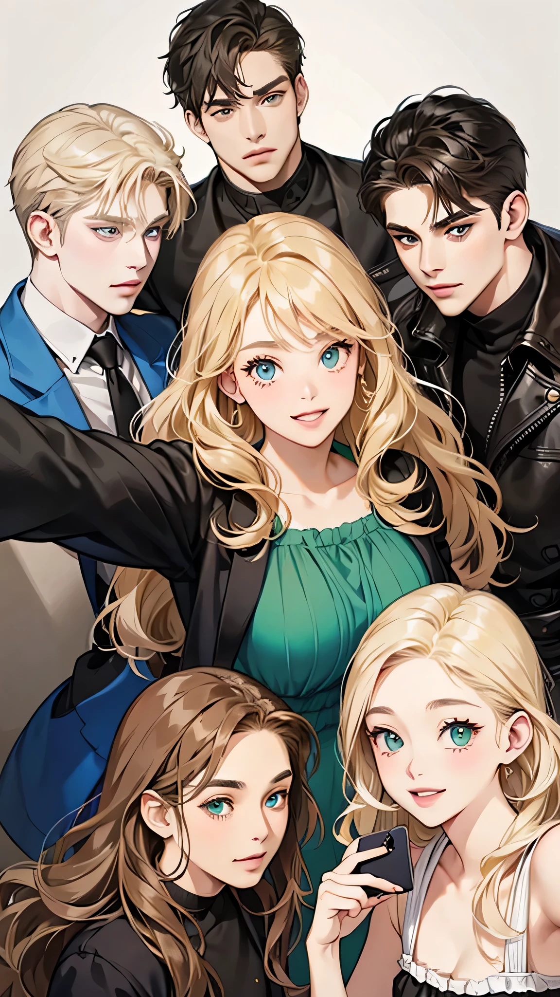 A chubby woman. She has short wavy blonde hair, green eyes. She is taking a selfie with her male friends. One has black hair and eyes and the other has brown hair and blue eyes.