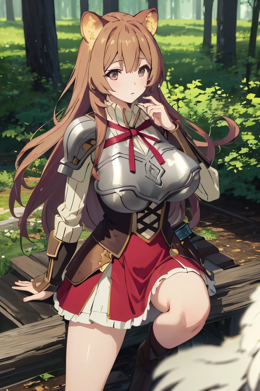 photorealistic, (4k), depth of field, (Masterpiece), (realistic skin texture), extremely detailed, intricate, hyper detailed, professional photography, bokeh, high resolution, sharp detail, best quality, girl, raccoon girl, raccoon ears, animal ears, long hair, brown hair, bangs, red eyes, armor, breastplate, sweater, ribbon, long sleeves, red dress, skirt, dynamic pose, shushing, forest, forest clearing, light rays, huge breasts, volumptuos body, big nipples, big tits, sexy, breast focus,using her original outfit, high details on eyes
