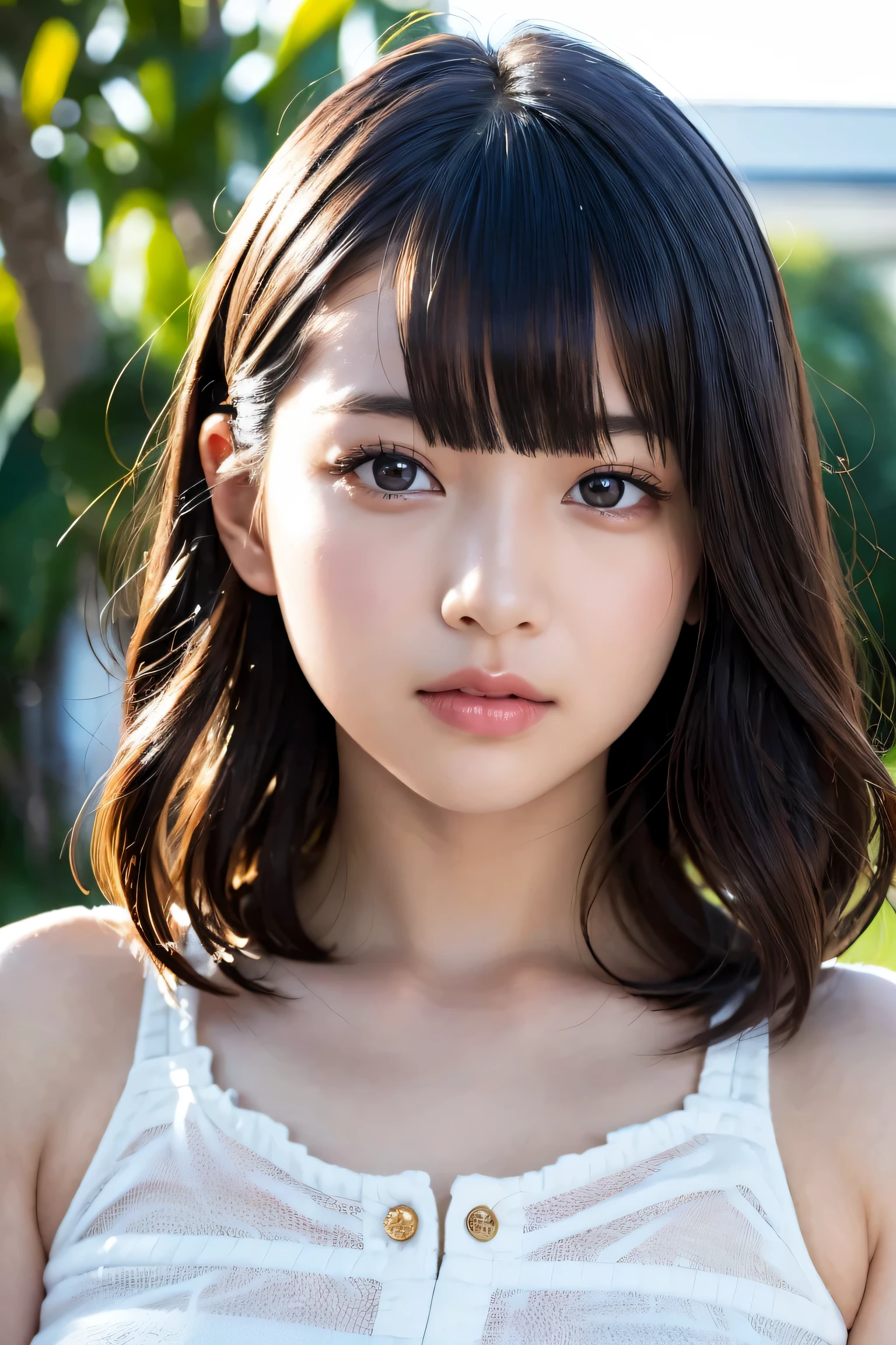 blown by the long wind [Blue-black:.3] hair,looking at the viewer, (masterpiece:1.3), (8K, realistic, Raw photo, highest quality: 1.4), Japanese, (1 girl), beautiful face, (realistic face),{wavy medium hair|Front hair long bob|short hair with long bangs}{black hair|brown hair|blonde hair}, beautiful hairstyle, realistic eyes, detailed and beautiful eyes, (realistic skin), beautiful skin, Charm, ultra high resolution, surreal, very detailed, golden ratio,、sunburn、Nogizaka Idol、korean idol、Gravure idol pose、