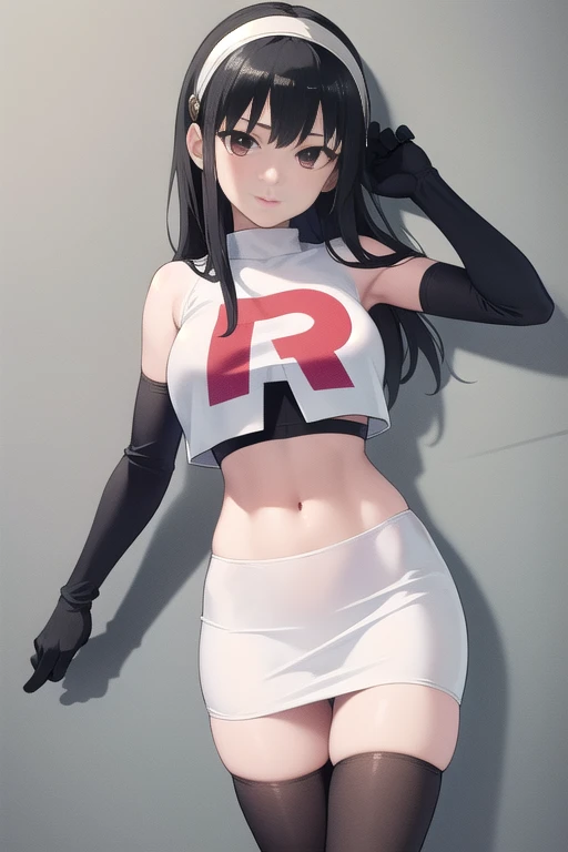 (masterpiece, best quality:1.2), solo, 1girl, kyoko jiro, looking at viewer, headband, team rocket,team rocket uniform,white skirt,red letter R,crop top,black thigh-highs,black elbow gloves