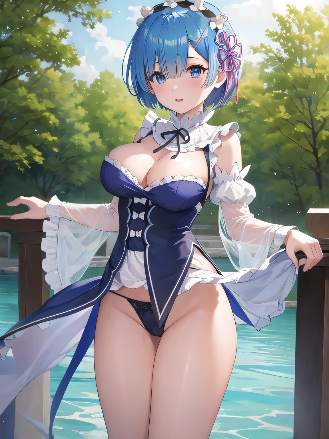 rem, blue short hair, masterpiece, highres, super detail, anatomically correct, high details, (solo). panties, standing