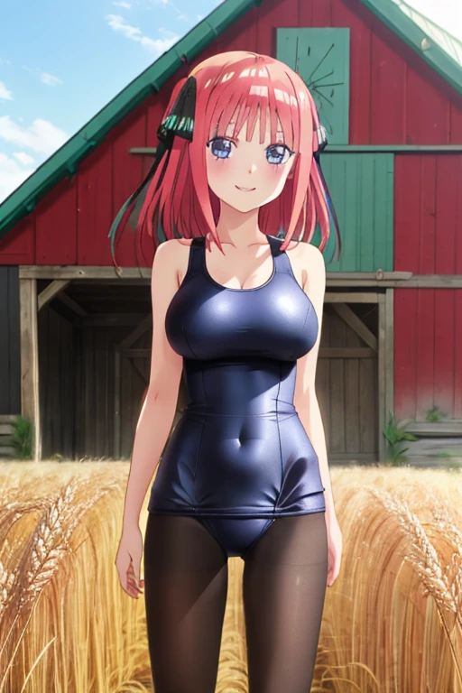 best quality, ultra-detailed masterpiece, anime art style, cute characters, nino nakano, one-piece swimsuit, large breasts, pantyhose, standing in a rustic farm, A gentle smile and expressive eyes. In the background is a charming barn, Golden wheat field and clear blue sky. The composition should be bathed in warm golden light, Soft depth of field and soft bokeh、Emphasizes idyllic tranquility