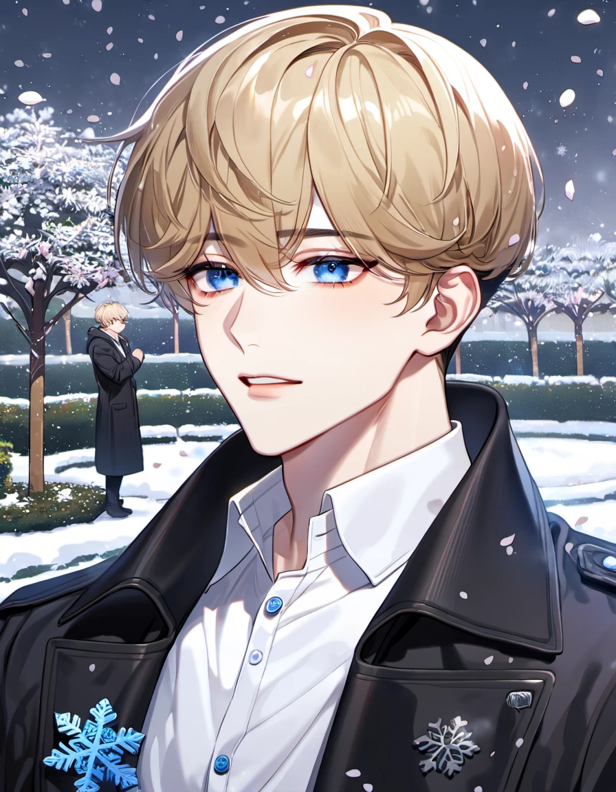 absurdres, highres, ultra detailed, HDR, master piece, best quality, Lim Haegyung, ash-blond messy short hair, expressive blue eyes, Love Jinx, 1man, handsome, black coat, white shirt, petals, garden, snow, snowflakes, snowing