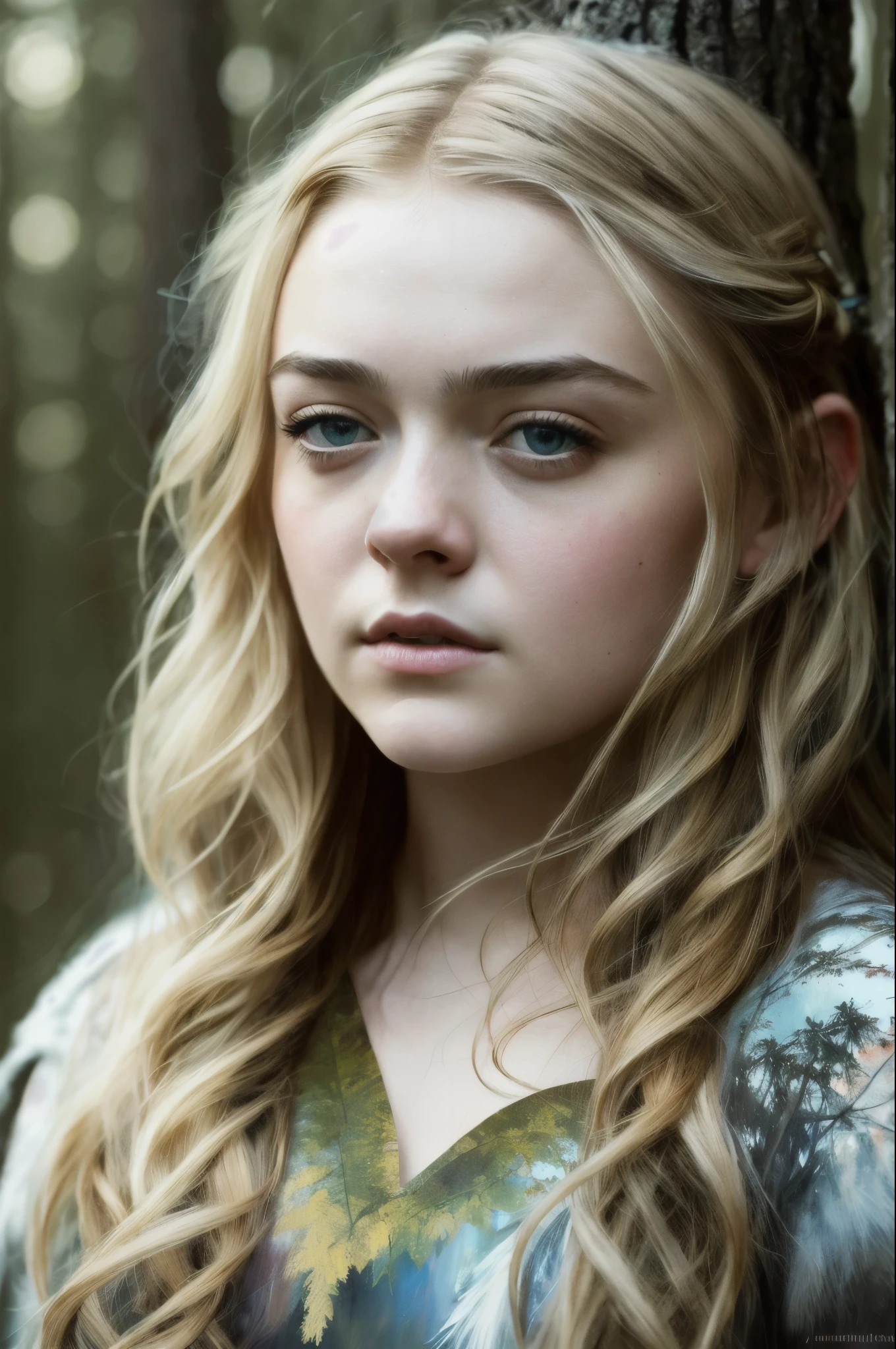 portrait painting of 1girl, Epic Character face mix of Maisie Williams and Elle Fanning, elf, blonde hair, blue eyes, green dress, Upper body focus, Nordic goddess, intricate, cinematic lighting, styled hair, fantasy movie, genre fantasy, artistic cinematography, premium quality fantasy movie color grading, upper body shot, detailed skin, fantasy, snowy nordic forest, modelshoot style, (extremely detailed CG), photo of beautiful artwork, (Antonio Moro), (Jeremy Mann), High Detail, Sharp focus, dramatic, oil painting, realistic  