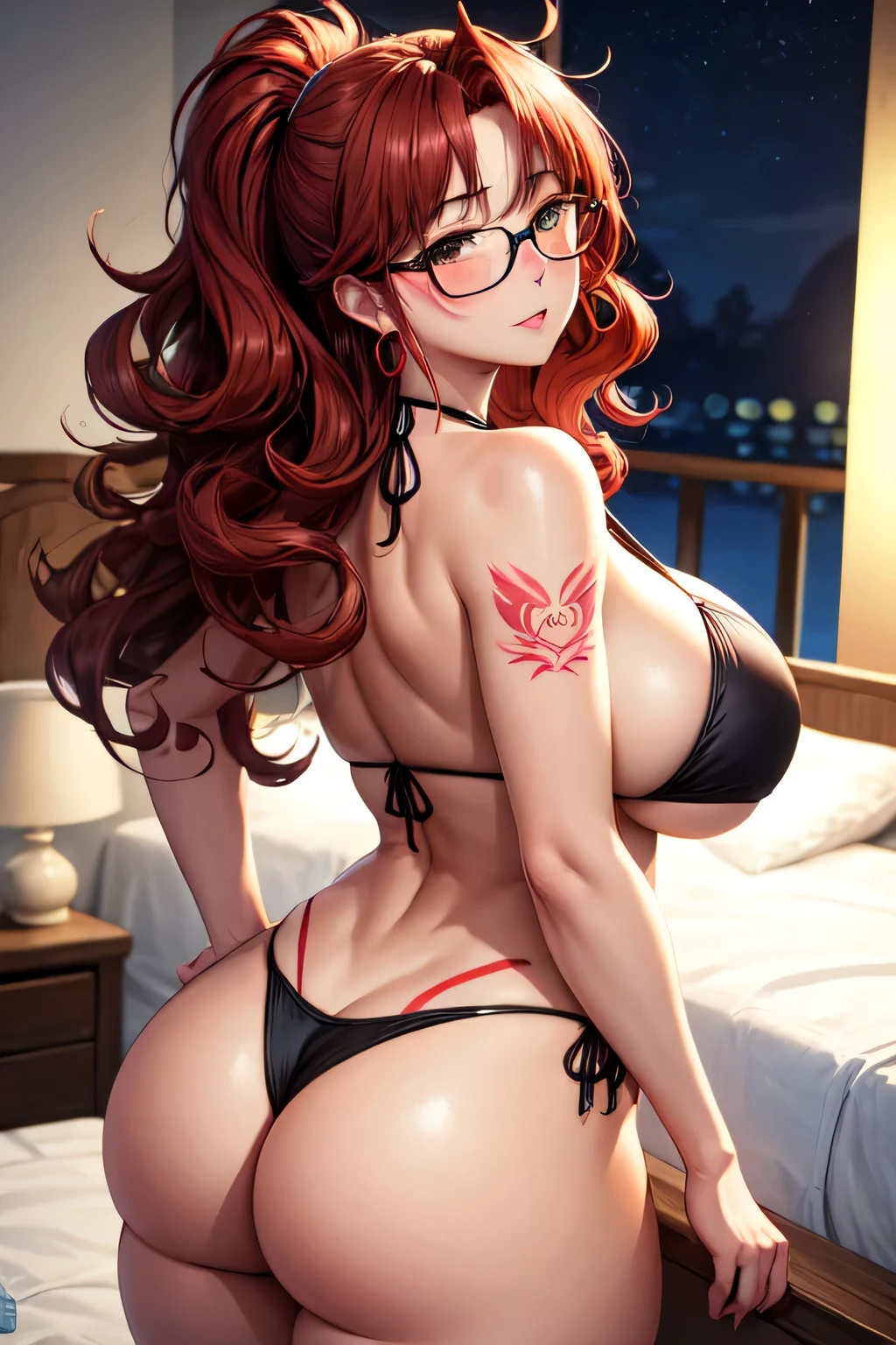 Cute sexy tired woman with thick long messy curly red hair with glasses with tattoo blushing with bright earrings with thick thighs and big chest in sexy position in sexy black bikini with a comb over standing in bedroom at night with dropped jaw and back view with butt out