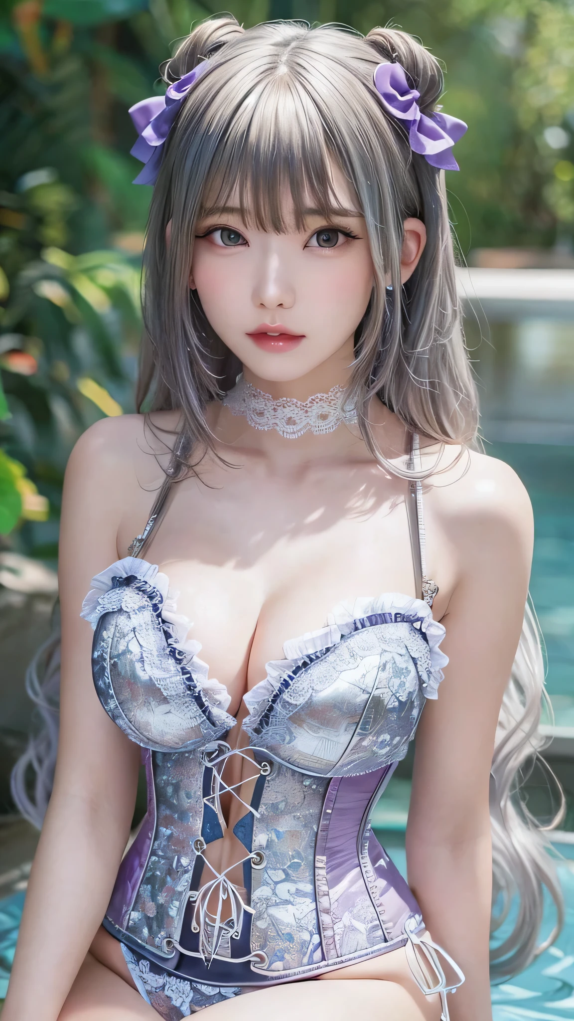 (thin eyebrows)、(((((closed mouth)))))、((Very strong sunlight))、((((beautiful silver hair))))、((small head))、(beautiful silver hair with short wavy:1.2)、full body shot、(((8K, Raw photo)))、 (((Same face as cosplayer))),(Photographed from above in High resolution 8K)、(very delicate and beautiful)、(masterpiece)、(highest quality:1.0)、(超A high resolution:1.0)、realistic shadow、[High resolution]、 fine skin、Super detailed、(beautiful hair)、Photoreal、lifelike face、big breasts thin waist、realistic eyes、small eyes、looking at camera、(((between the breasts)))、(eyeliner)、(mascara)、 Lips with pink lips、((Looks very happy))、show your shoulders、Complex patterns and transparent materials、artistic depiction of an attractive woman, Accentuates an attractive silhouette。The scene was、、bask in the hot sun、Makes you feel the delicate beauty and charm of nature。(((intricate details))、advanced details、choker、NSFW,((highest quality、8K、masterpiece:1.3))、sharp focus:1.2、 (((Enamelled purple and silver corset)))、
