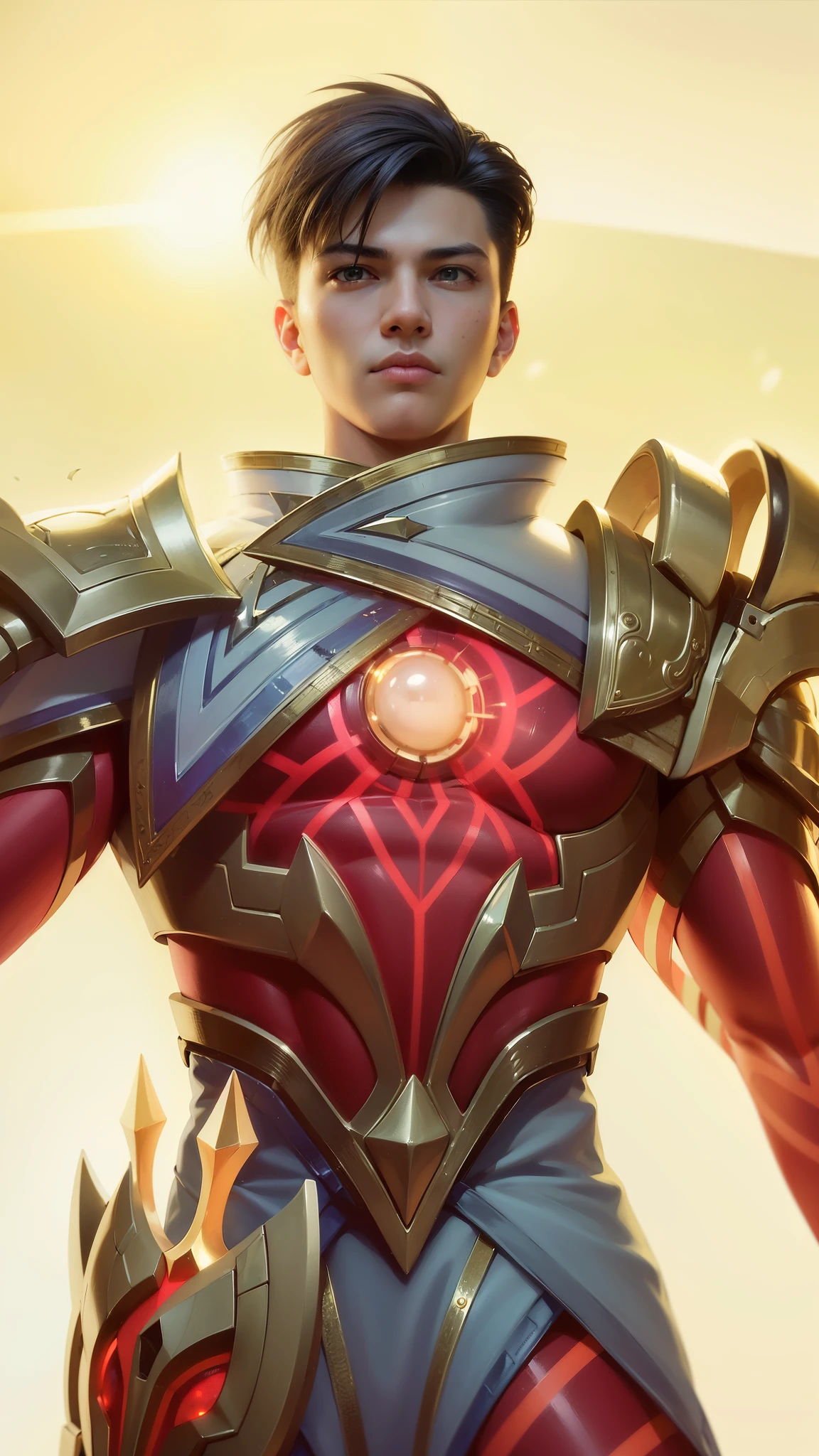 a close up of a person in a suit with a sword, artgerm detailed, clothed in ethereal armor, dressed in light armor, extremely detailed artgerm, clothed in ethereal battle armor, artgerm and ben lo, by Lisa Nankivil, guildwar artwork, light coming off of the armor, arvalis, sleek glowing armor, masterpiece, ((perfect eyes)) best quality, (semirealism:1.9), beautiful lighting, (extremely detailed CG unity 4k fhd wallpaper), High Detail, Sharp focus, dramatic outdoors, 1 boy ,19 years old, black short hair, yellow eyes, fair skin.