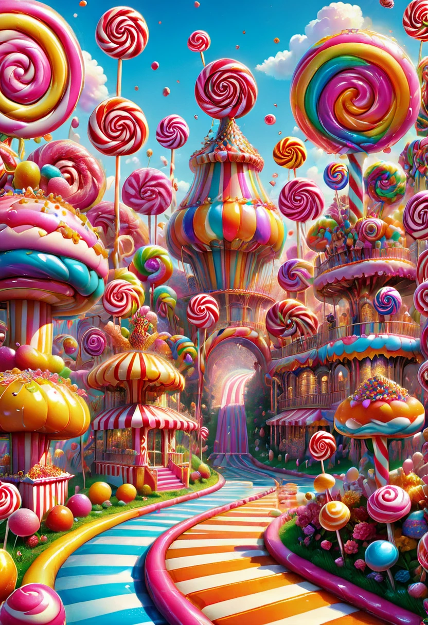 Candyland, Carnival, best quality, masterpiece, very aesthetic, perfect composition, intricate details, ultra-detailed, by Lisa Frank