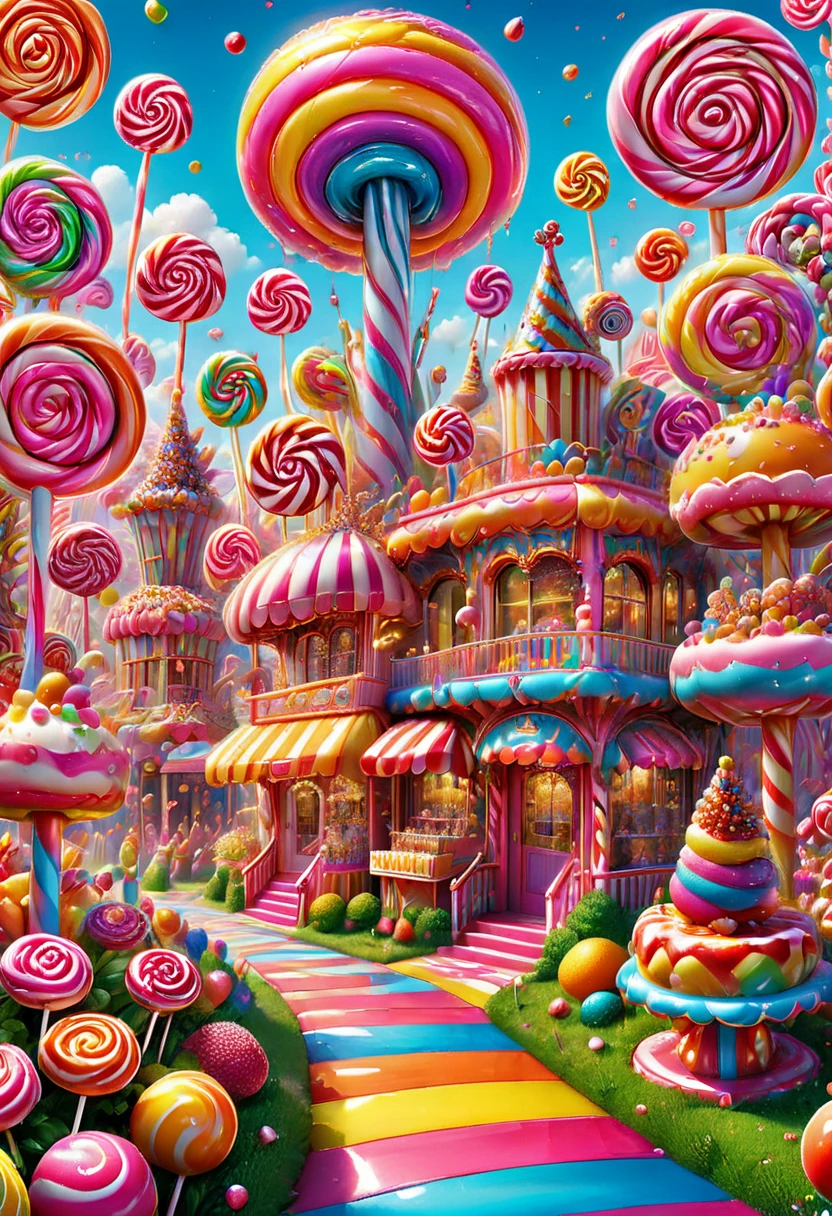 Candyland, Carnival, best quality, masterpiece, very aesthetic, perfect composition, intricate details, ultra-detailed, by Lisa Frank