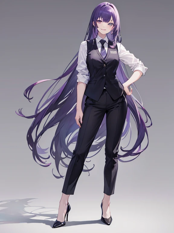 purple,long hair,woman,suit,black vest,Shirt with rolled up sleeves,tie,pants,high heels,,simple background,smile,whole body,full body,full body,Standing picture,vtuber,upright,,Standing upright with face and body facing forward,