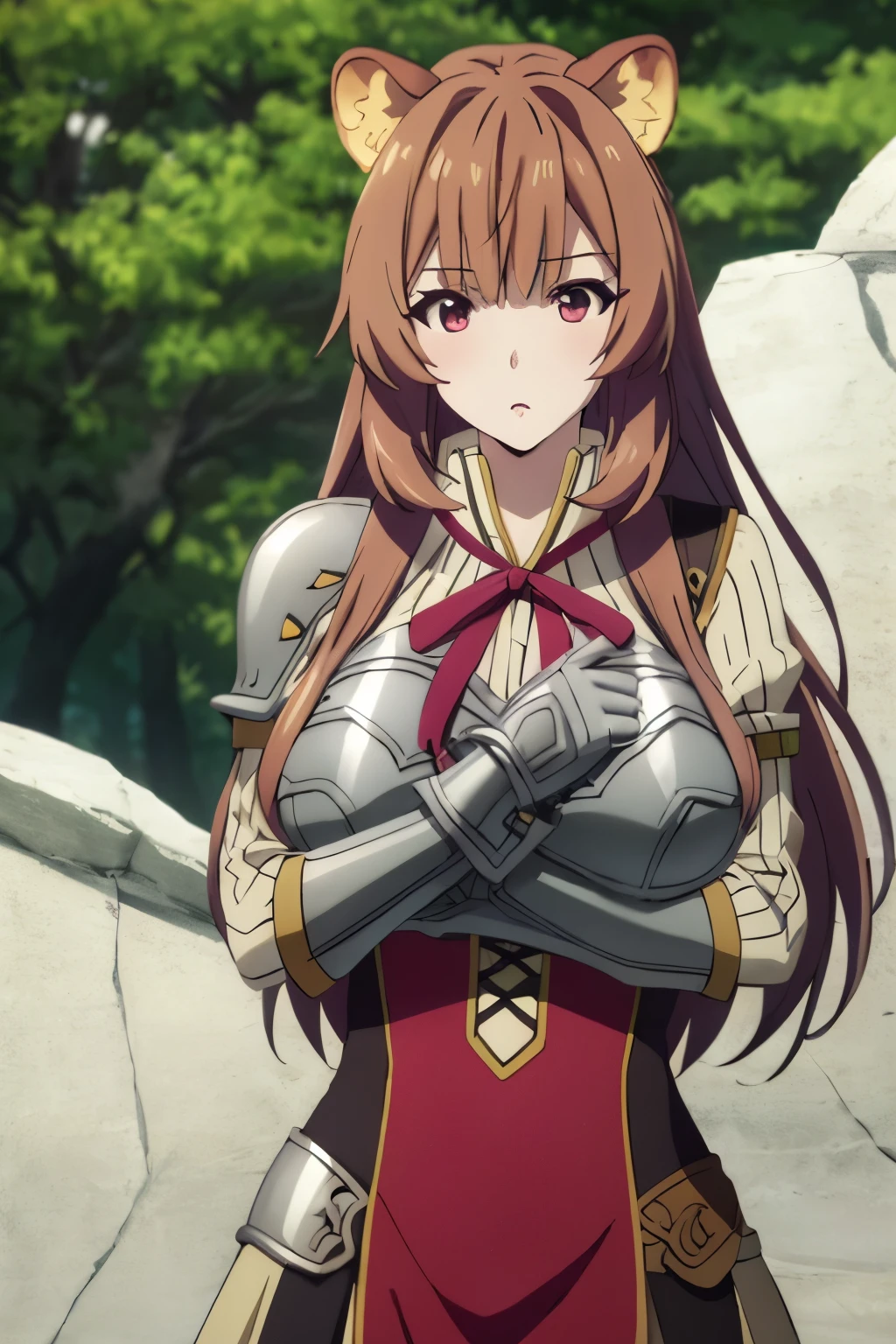 photorealistic, (4k), depth of field, (Masterpiece), (realistic skin texture), extremely detailed, intricate, hyper detailed, professional photography, bokeh, high resolution, sharp detail, best quality, girl, raccoon girl, raccoon ears, animal ears, long hair, brown hair, bangs, red eyes, armor, breastplate, sweater, ribbon, long sleeves, red dress, skirt, dynamic pose, shushing, forest, forest clearing, light rays, huge breasts, volumptuos body, big nipples, big tits, sexy, breast focus,using her original outfit, high details on eyes
