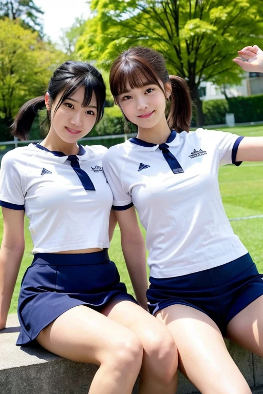 公園でkneesを上げた2人の女の子,Plain white school gym shirt with navy blue trim,navy blue speed briefs,18-year-old,bangs,a little smile,thighs,knees,short cut hair,low ponytail,from below,front light