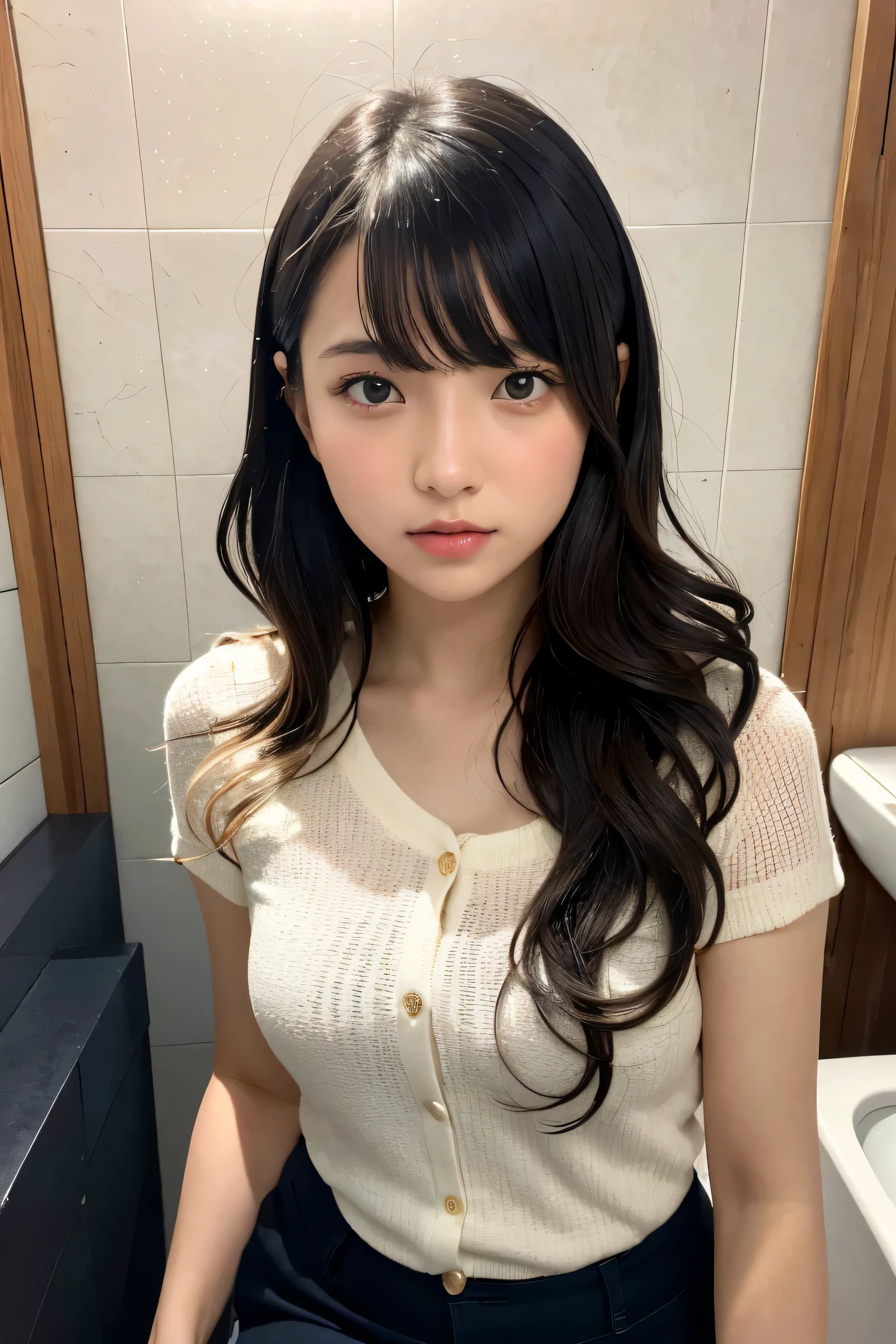 blown by the long wind [Blue-black:.3] hair,looking at the viewer, (table top:1.3), (8K, realistic, Raw photo, highest quality: 1.4), Japanese, (1 girl), beautiful face, (realistic face),{Wavy medium hair|Front hair long bob|short hair with long bangs}{Black hair|Brown hair|Blonde hair}, Beautiful hairstyle, realistic eyes, detailed and beautiful eyes, (realistic skin), beautiful skin, Charm, 超A high resolution, surreal, very detailed, golden ratio,Female student peeing in toilet、embarrassing、