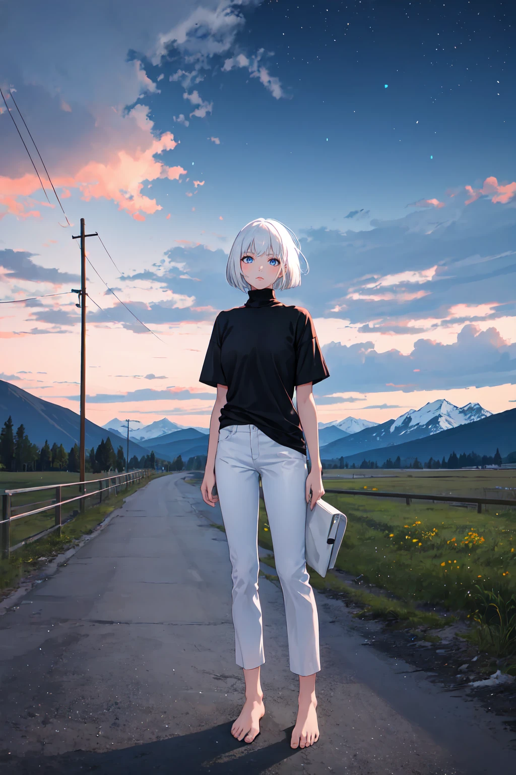 1girl, white hair, bob cut, black shirt, turtleneck, short sleeve, white pants, bare feet, standing, outdoors, night, night sky, mountains, masterpiece, best quality, ultra-detailed, illustration, 8K, highres