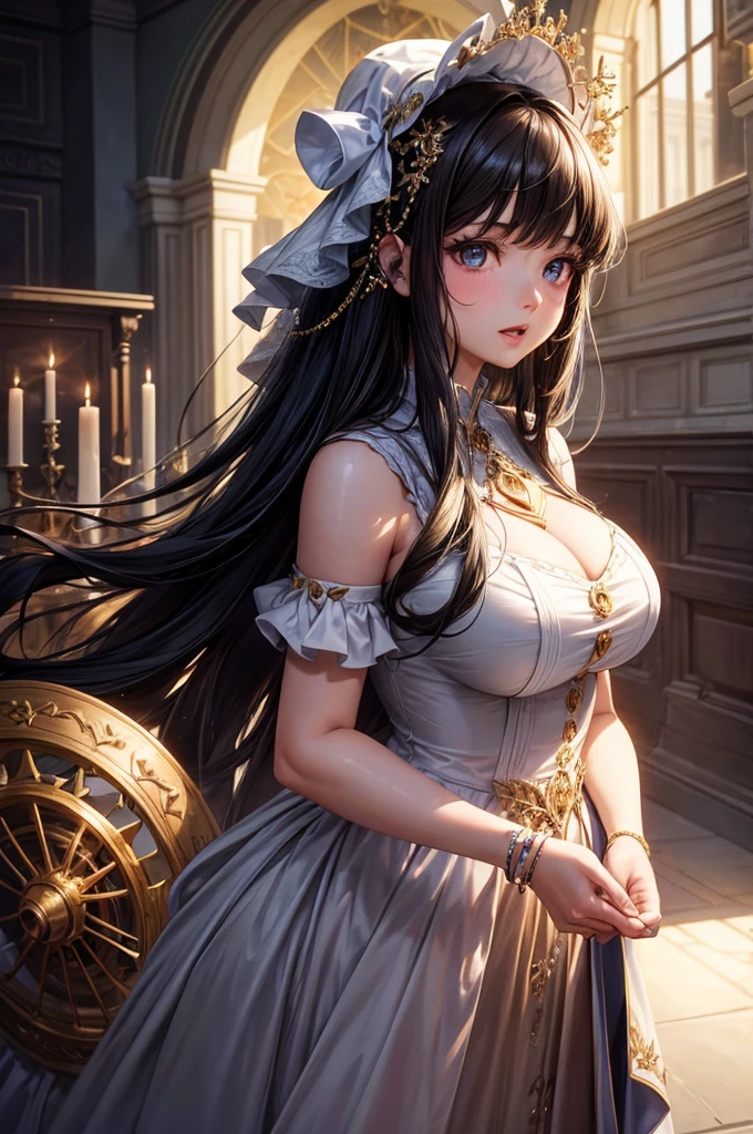 Image created by a masterpiece artisan, using top quality materials and ultra-detailed techniques, showcasing hdr and high contrast effects in a wideshot composition. The central figure is a young woman with long, straight black hair cascading down in blunt bangs. Her eyes are a clear brown, framed by a longfade eyebrow, and her soft make-up accentuates her natural beauty. Her lips are an ombre shade, adding a playful touch to her expression as she cheers enthusiastically towards the viewer. This image embodies the hourglass figure with large breasts and an hourglass body, evoking the spring theme with its vibrant and intricately detailed background. Ambient