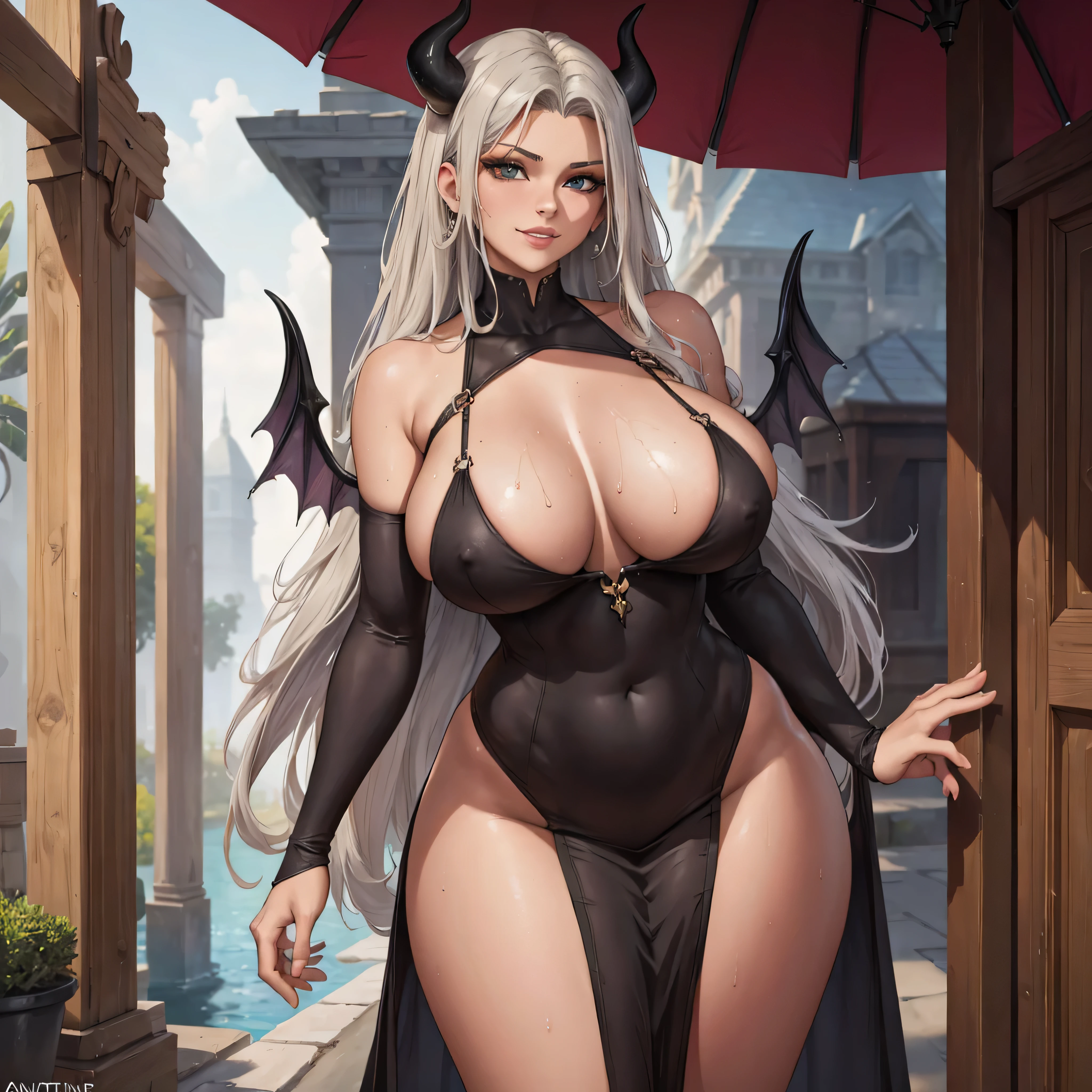 (best quality,4k,8k,highres,masterpiece:1.2), ultra-detailed, (realistic,photorealistic,photo-realistic:1.37),  ebony-skinned female with long flowing silver hair, wearing a gilded form-fitting dress, curvy, thicc, has large black demon wings, has demonic horns, alluring gaze, portraits, seductive grin, standing in the rain, she is wet
