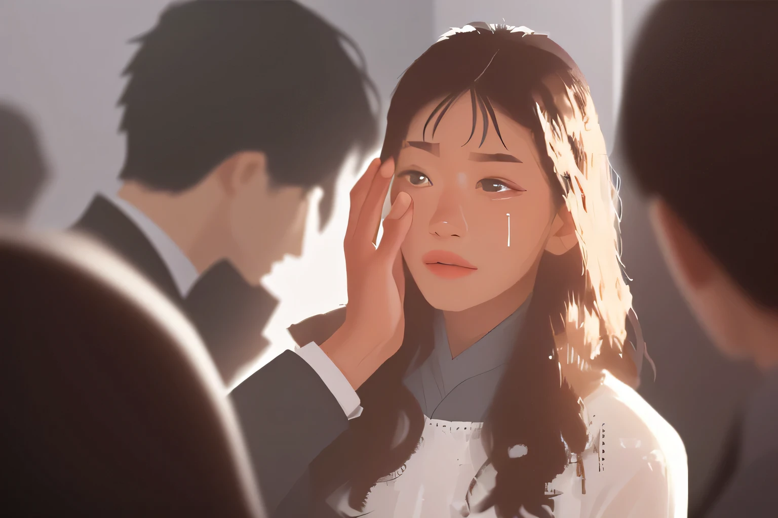 A man is wiping away the tears of a crying woman, So sad woman. 실사 a scene from a movie, still in the movie, still in the movie, Award-winning movie still cuts, a scene from a movie((best quality)), ((masterpiece)), (detailed), perfect face