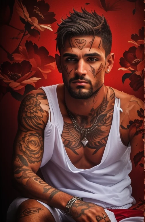 Homem hiperrealista, (hiperrealista), (high resolution), (8k), (extremamente detalhado), (best illustration), (melhor qualidade), (super detalhado), (obra-prima), (rosto detalhado) homem foto rosto detalhado, praia, blusa vermelha, os olhos