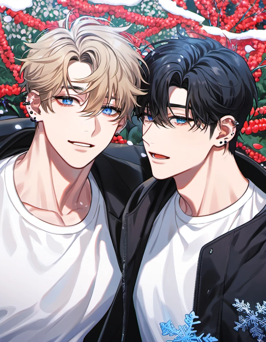 absurdres, highres, ultra detailed, HDR, master piece, best quality, Kang Woojin, black messy hair, expressive dark blue eyes, ear piercings, Lim Haegyung, ash-blond messy short hair, expressive blue eyes, Love Jinx, 2men together, gay couple, handsome, black coat, white shirt, petals, garden, snow, snowflakes, snowing