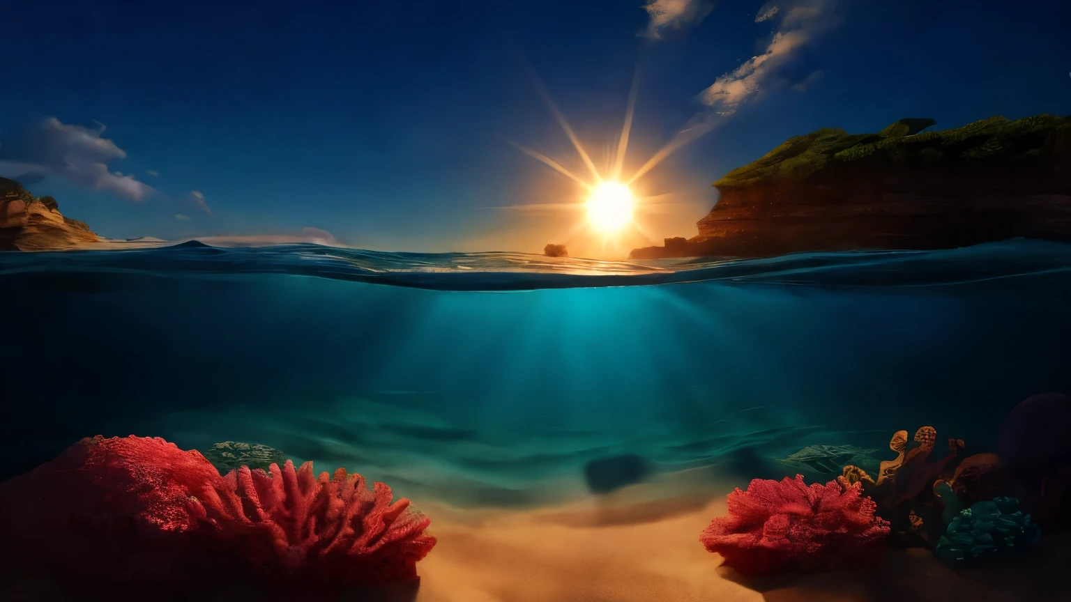 imagem do fundo do mar azul cristalino, horizontal diver view, com recife de coral no fundo repleto de peixes ornamentais, peixes coloridos, tartaruga verde, shark in the background and stingray in the sand in the background, very light sun rays on the water