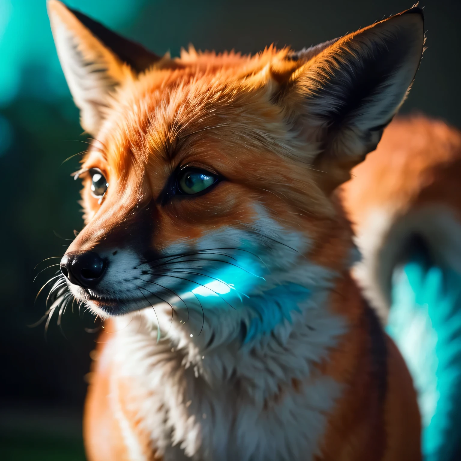 A red fox sniffing the wind, its muzzle raised upwards, eyes closed, high quality illustration, lots of detail, lots of color, romantic mood, in the style of light emerald and cyan, cartoonish realism, sentimental realism, 8k resolution, charming realism, mystical portraits,