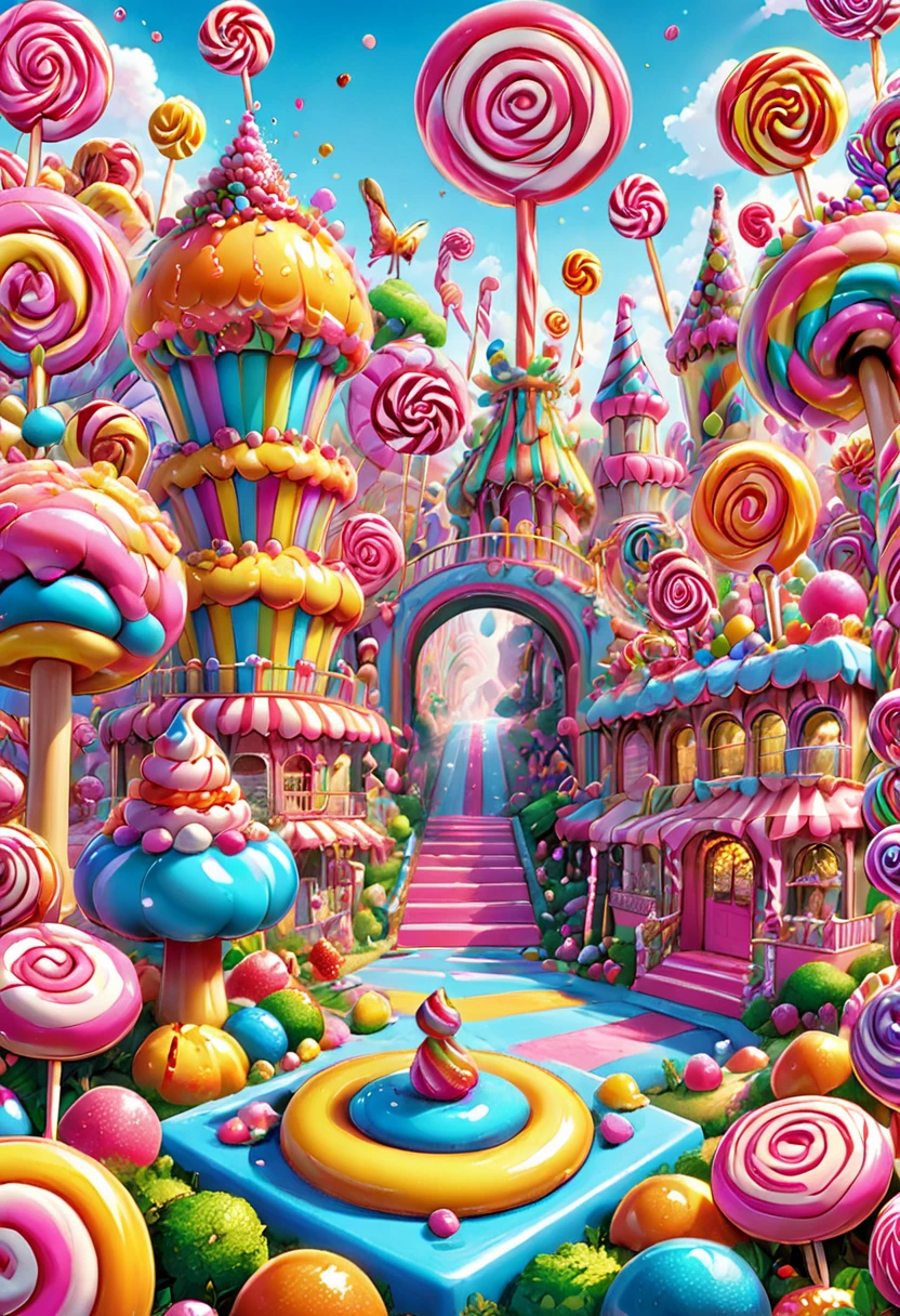 Candyland, best quality, masterpiece, very aesthetic, perfect composition, intricate details, ultra-detailed, by Lisa Frank