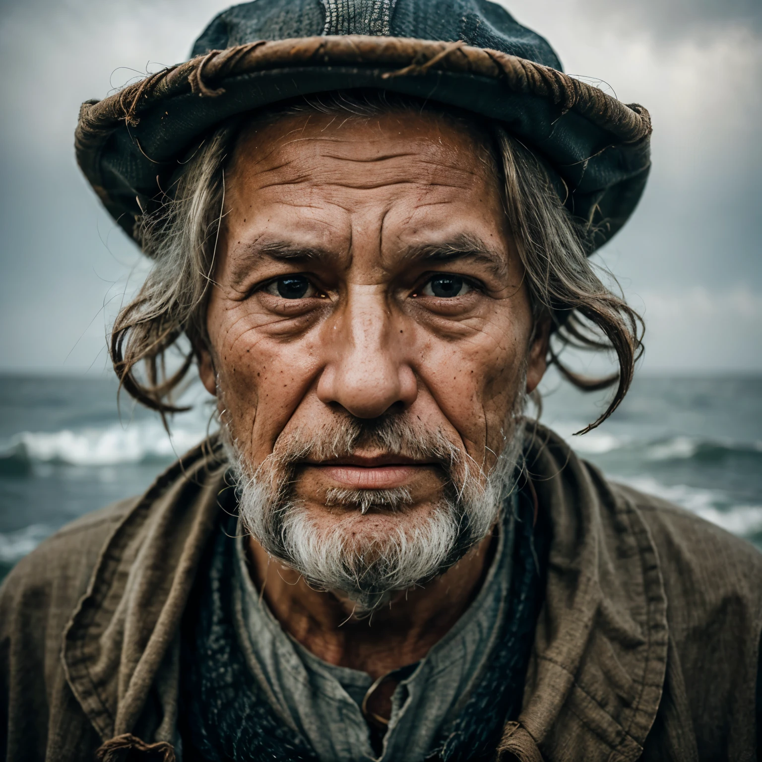 Capture the portrait of an old fisherman at sea. Use natural light and capture the weathered textures of the face to tell their story.
