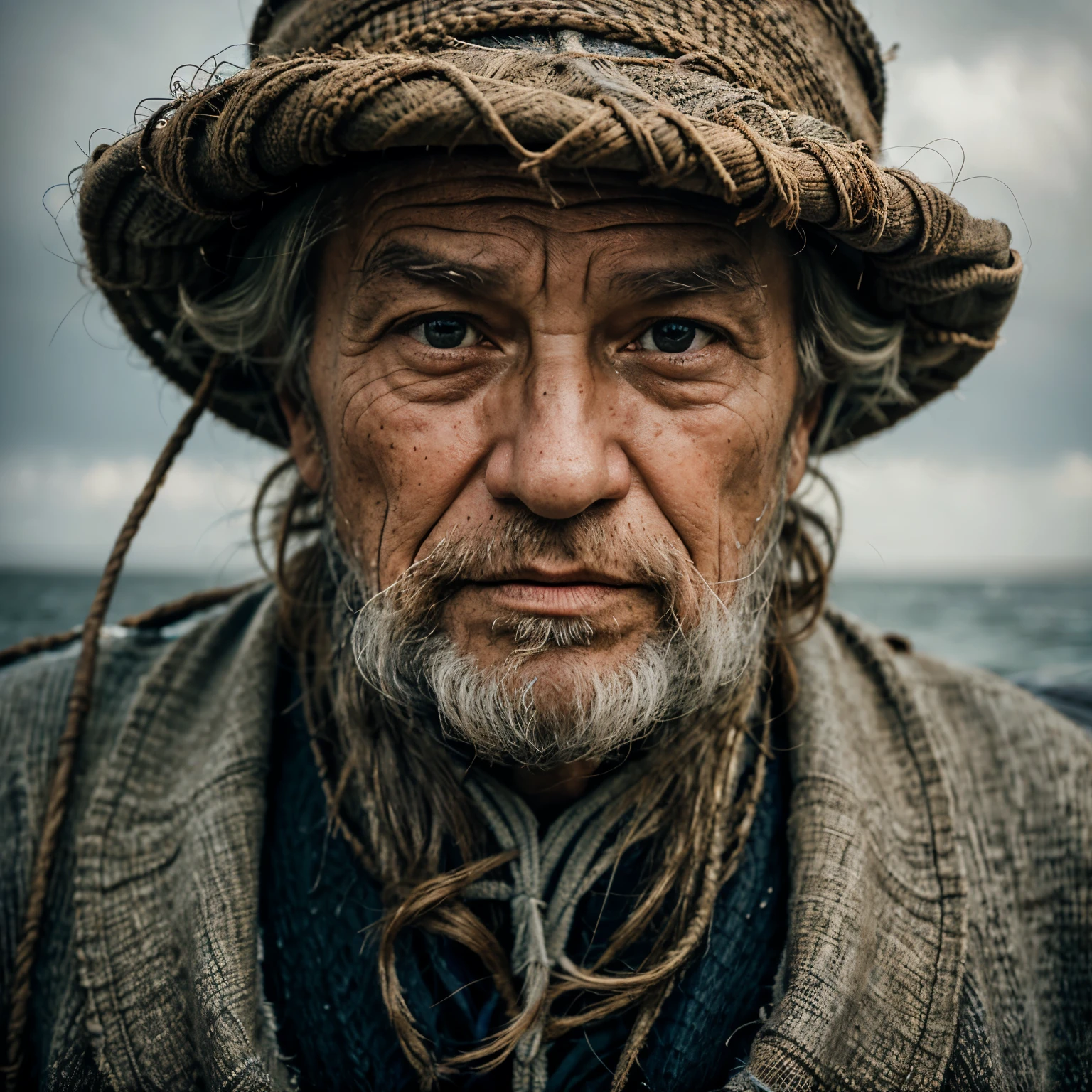 Capture the portrait of an old fisherman at sea. Use natural light and capture the weathered textures of the face to tell their story.