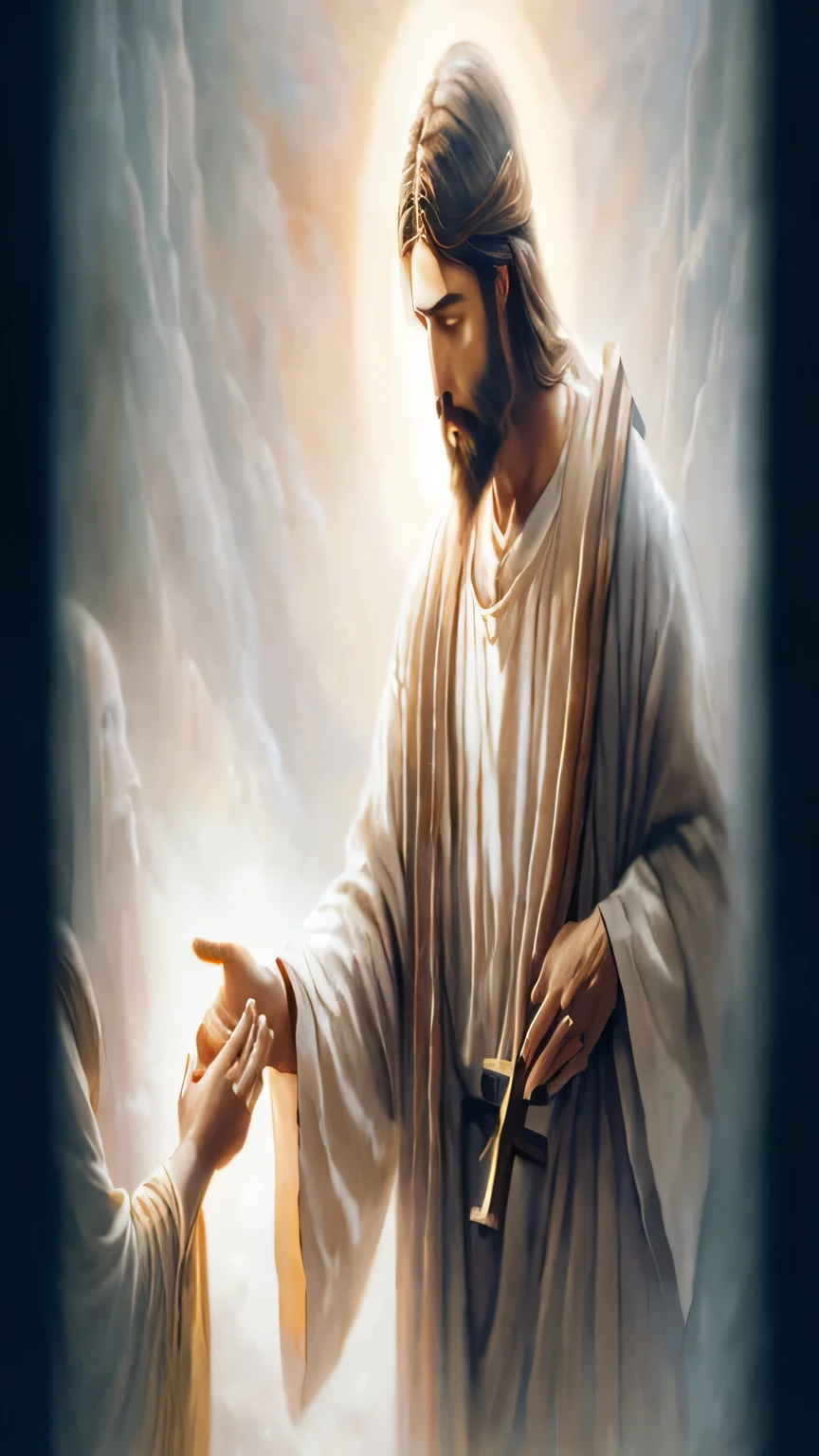 jesus is holding the hand of a man who is holding a cross, jesus christ, he is greeting you warmly, the lord and savior, jesus, jesus of nazareth, young almighty god, portrait of jesus christ, religious painting, on his right hand, ! holding in his hand !, beautiful depiction, religious imagery, beautiful image ever created, holy imagery