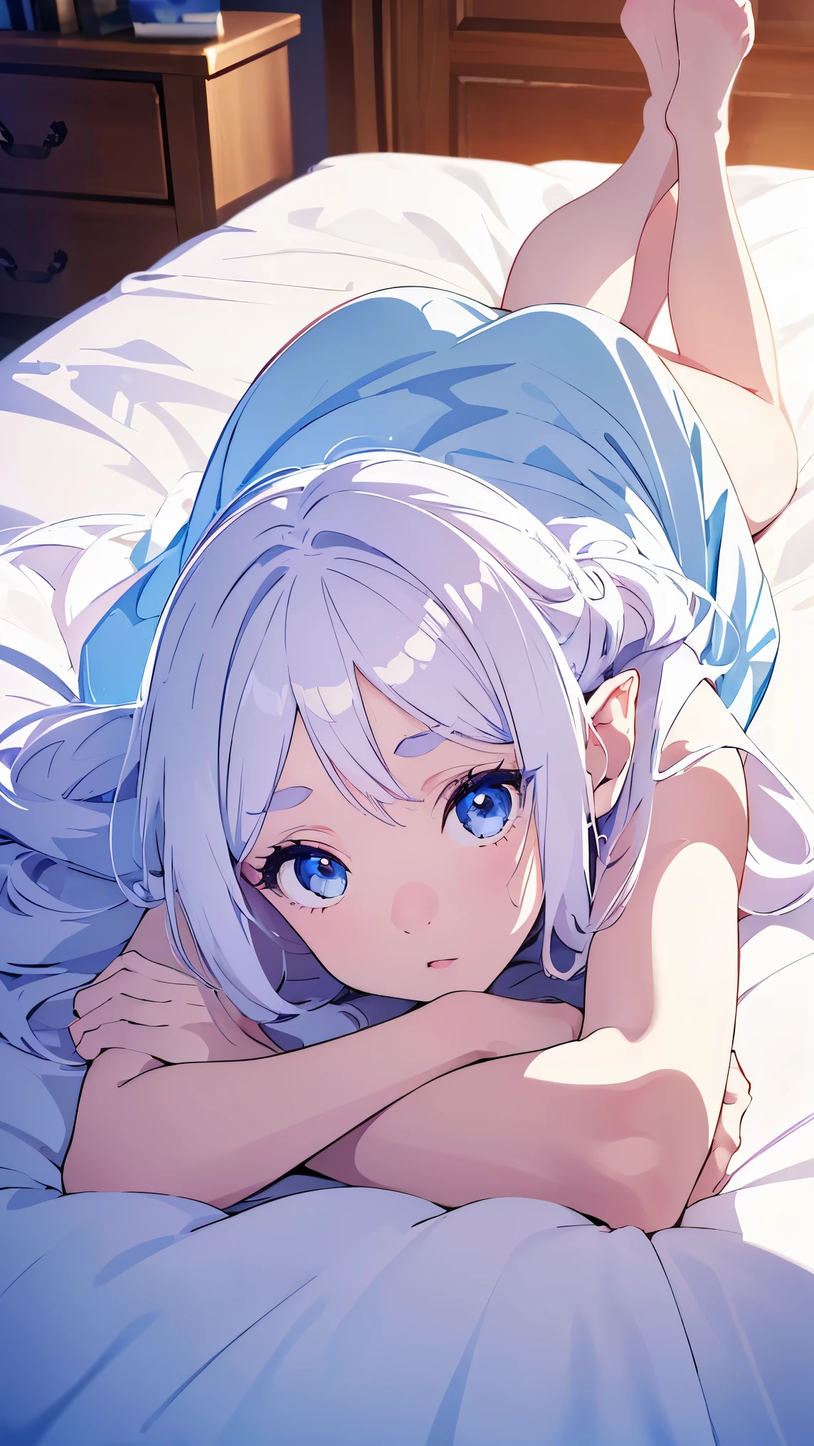 (View from above),(Fairy girl1,Fairy ear,Pale skin),(white hair, white eyes),(blue princess dress),(She is lying on one bed),((full body)),detailed eyes, detailed face and body