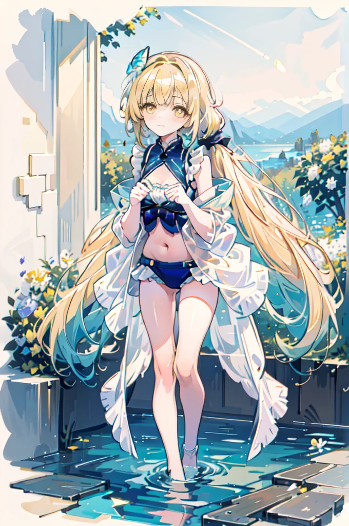 (best image quality), (master&#39;s work), [(white background:1.5),::5] (isometric:1.0), double exposure, bubble,
mid shot, full body,
//
masterpiece, highest quality, 1 girl, (colorful),(Finely drawn beautiful eyes and detailed face) ,yellow eyes, yellow hair, alone, smile, hair ornaments, flower hair ornaments, flowers in hair, head band, side ponytail, floating hair, untied hair, head band, lingerie, good, white lingerie, strap slip, white lingerie, strap slip, Slip Strap, strap slipping from shoulders, white panties, garter belt, belly button,((飛んでいるpetal)),(flowering meadow) null, full body, Ocean, Oceanの波, splash of water, null, particles of light, flower hair ornaments, butterfly, night null, starry null, pool, petal (Lens flare), walking on pool, water reflection, pool, cleavage, Medium chest, aurora null, night null, galaxy null, horizon, Mountain, forest, moon, Put your index fingers together