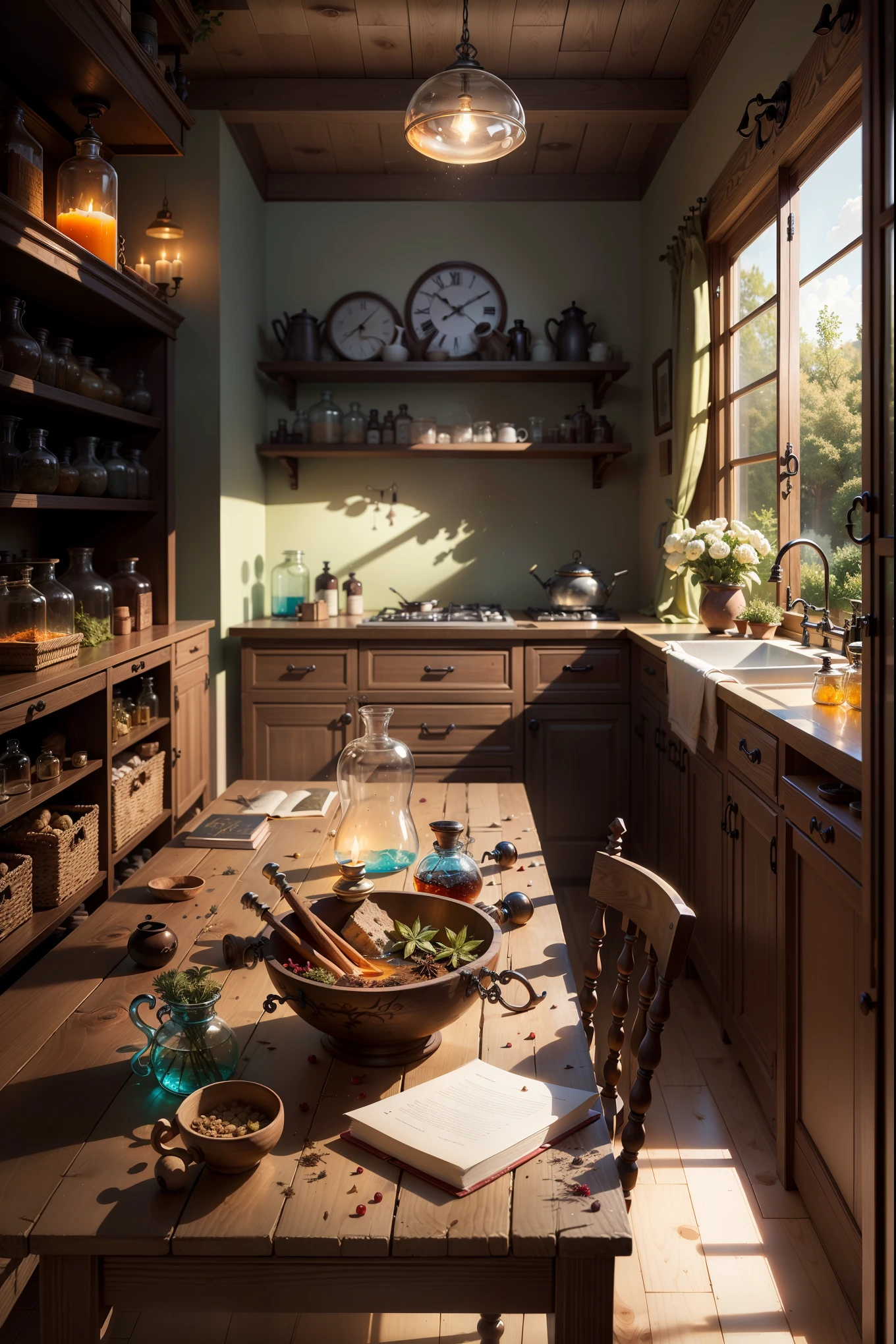 a room (classroom) with a massive table, an alchemical laboratory of the Middle Ages, large windows, a lot of light ((a bright room)), glass flasks ((Unusual potions, colored glass)), a stone mortar and pestle, a book on alchemy, shelves with jars of different sizes, herbs and spices, (bundles dried herbs hanging from the ceiling), wax candles. Magical atmosphere, fantasy art, this work is made in very realistic colors, artistic expressiveness..